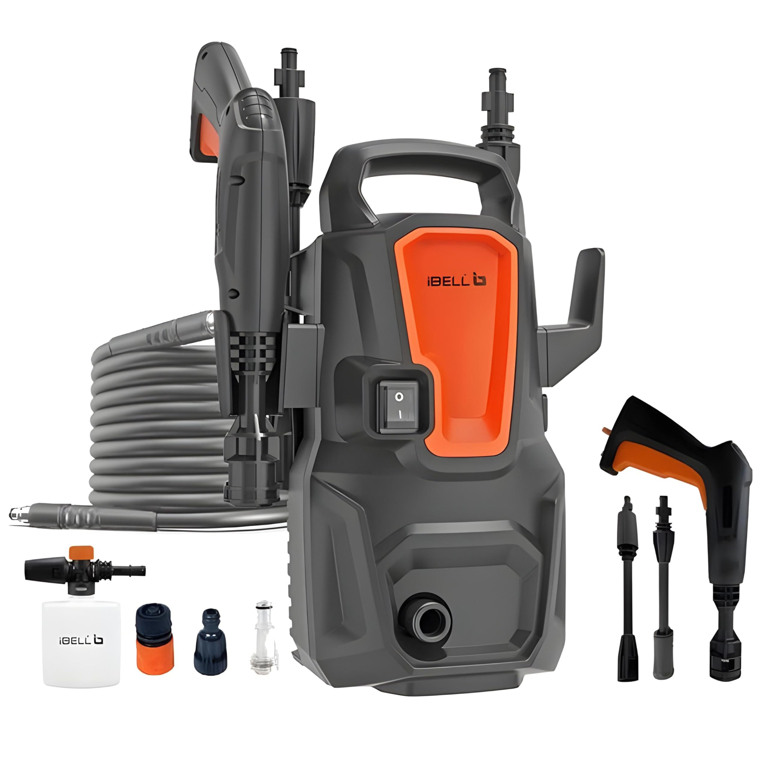 IBELL WIND20 Universal Motor Pressure Washer, 1300 Watts Motor, 100 Bars, 6L/Min Flow Rate, 5 Meters Outlet Hose, for Car, Bike and Home Cleaning Purpose, Black and Orange-image-4