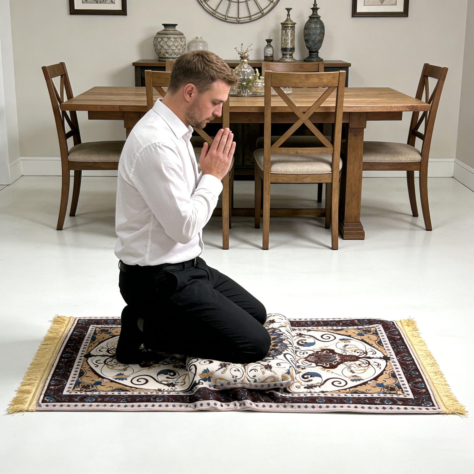 Tapis de prière Janamaz avec coussin pour genoux, pliable, antidérapant, gris