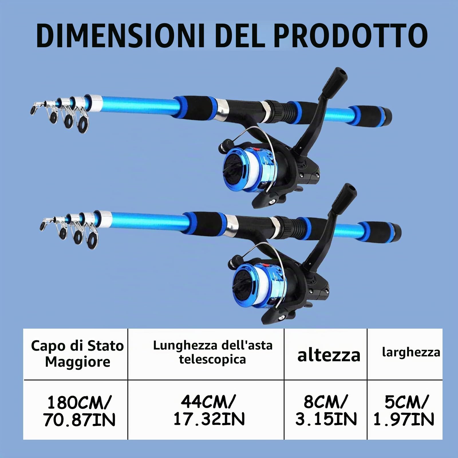Set di 2 accessori da pesca, telescopico, canna da pesca, 1,8 m, con rotolo, esca, grande galleggiante, campana, borsa per il trasporto