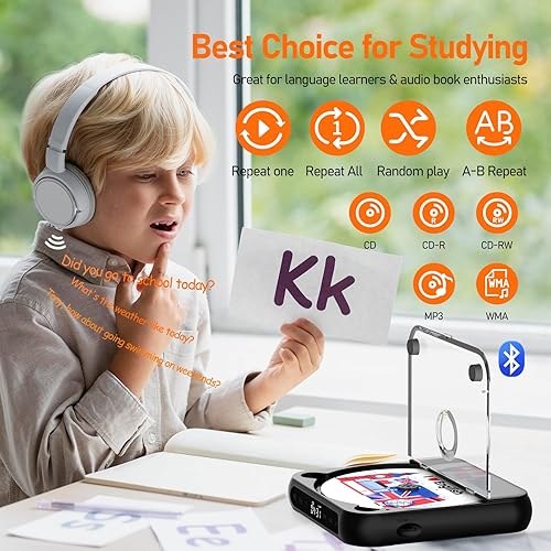 Miniatura 7 de Reproductor de CD portátil con reproductor de CD Bluetooth para el hogar, pequeño reproductor de CD recargable con auriculares, pantalla táctil LCD,