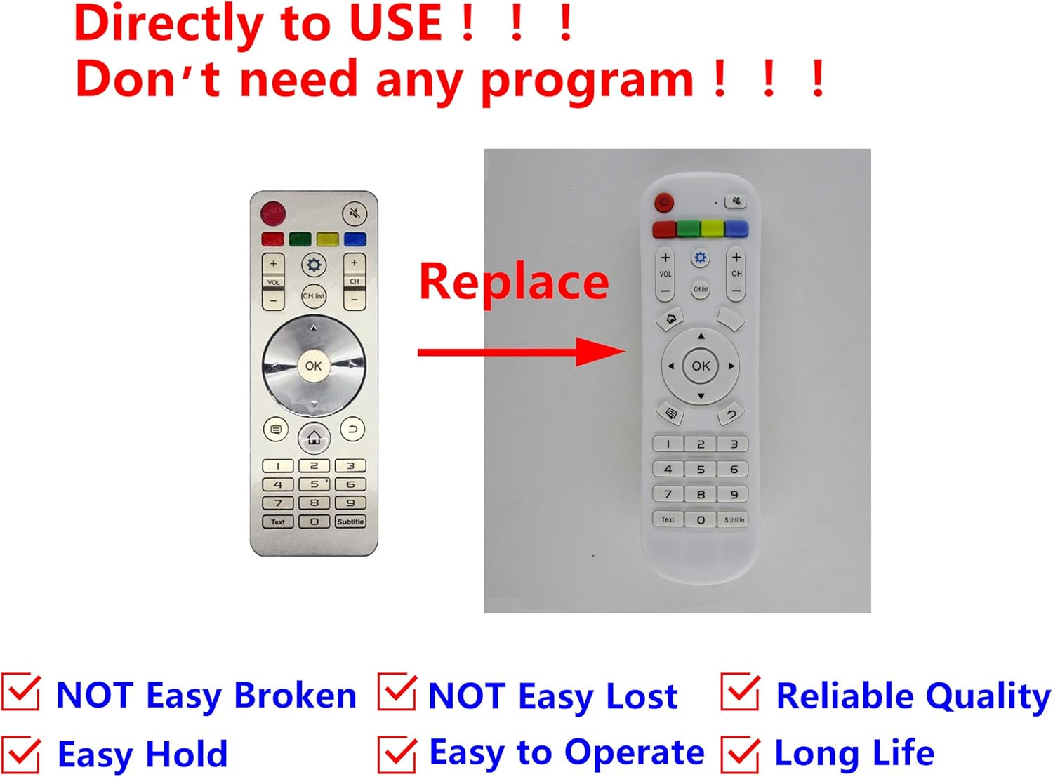 Diagram showing an old remote being replaced by the new Easytry123 remote, with text indicating 'Directly to USE !!! Don't need any program !!!'