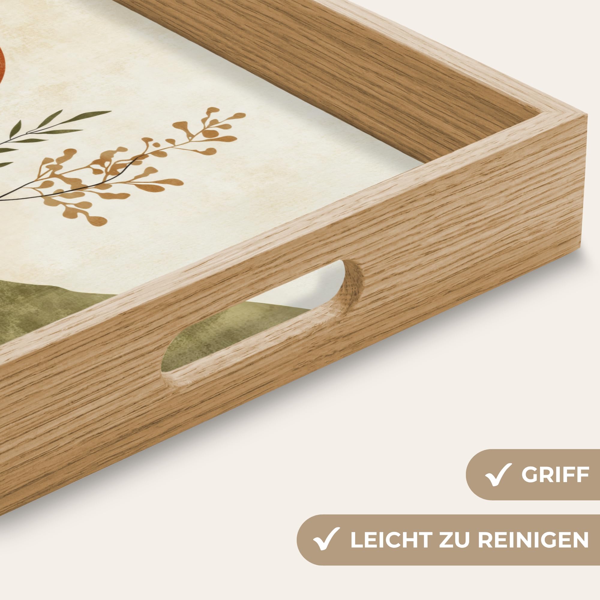 Holztablett Rechteckig 40x30 cm Küchentablett Servier Tablett Eiche Serviertablett Holz Servierplatte Mit Henkel Tray Kaffeetablett Sonne - Abstrakt - Äste - Orange