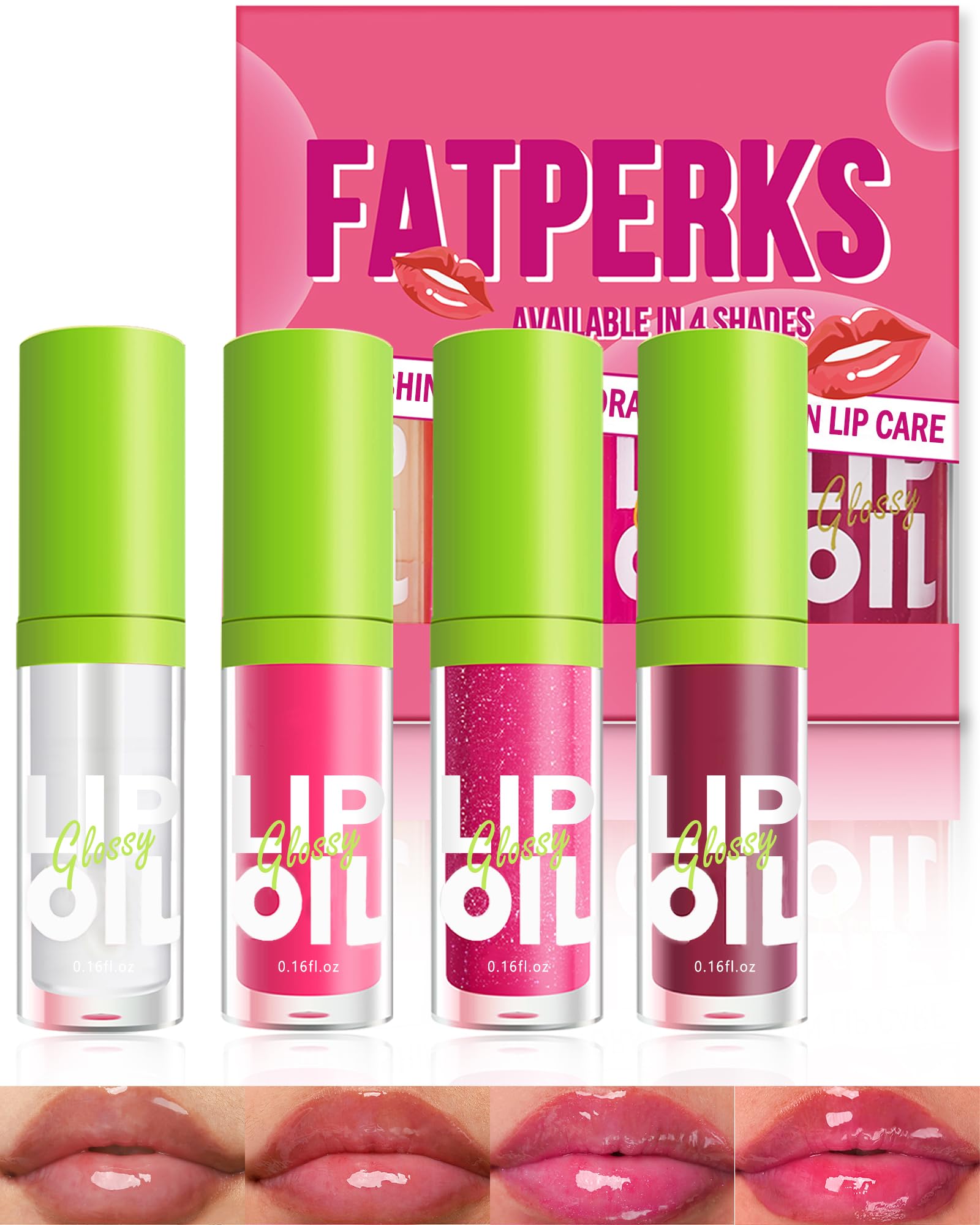 Hydrating Lip Glow Oil-4 Colors Tinted Plumping Moisturizing Lip Care Oil Gloss, Clear Pink Shiny Liquid Lipstick