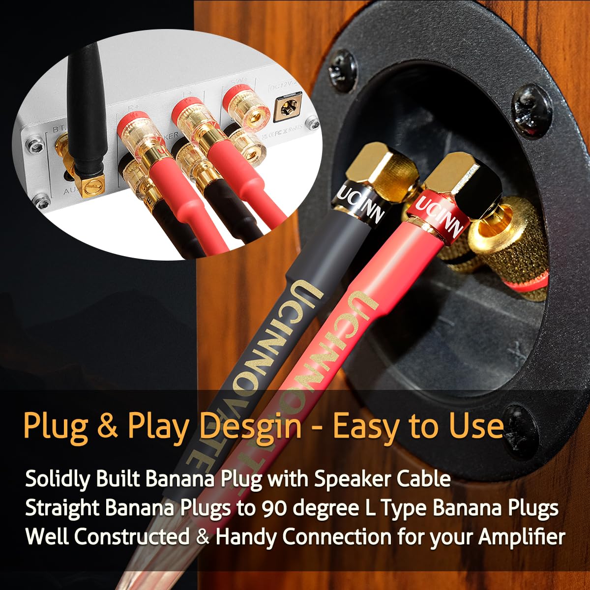 UCINNOVATE Confezione da 2 cavi per altoparlanti da 13 AWG con connettori a banana, 2 cavi per altoparlanti HiFi da 2 m con connettori a banana ad angolo retto placcati in oro da 4 mm, cavo audio