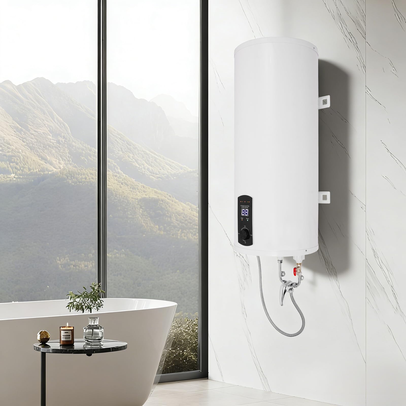 Scaldabagno Elettrico Verticale 100L Schermo Digitale 2000W Parete Spina EU | Schermo digitale, IPX4, fornito con doccetta e rubinetto, installazione a parete, presa EU cucina, bagno, caravan, casa.