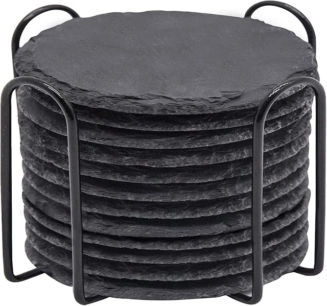 12 Pieces Coasters with Holder, WEWINK PLUS 4 Inch Slate Coasters Bulk Round Rock Rustic Coasters Black Stone Coasters with Anti-Scratch Backing for Bar, DIY, Kitchen, Home Decor