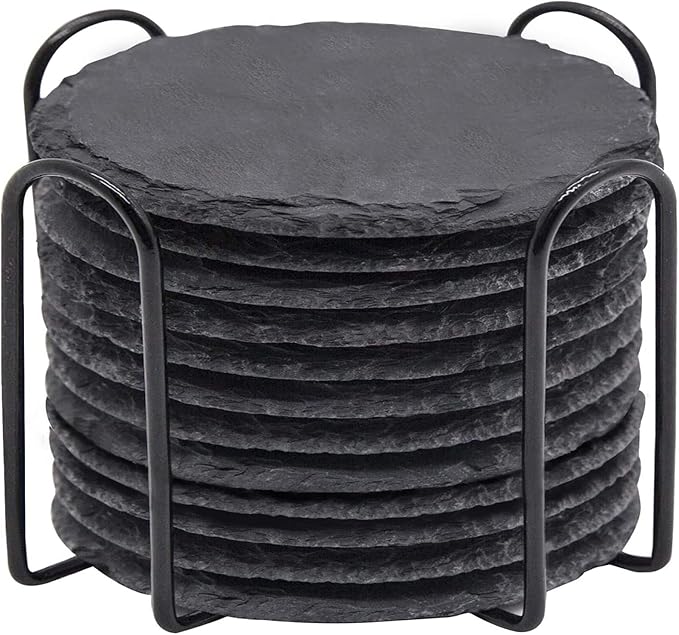12 Pieces Coasters with Holder, WEWINK PLUS 4 Inch Slate Coasters Bulk