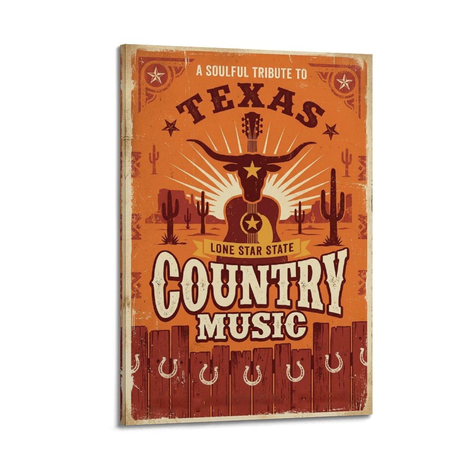 OKNGB Poster decorativo da parete in stile retrò, motivo chitarra western texas, musica country, poster decorativo su tela, poster decorativo moderno per camera da letto, 40 x 60 cm