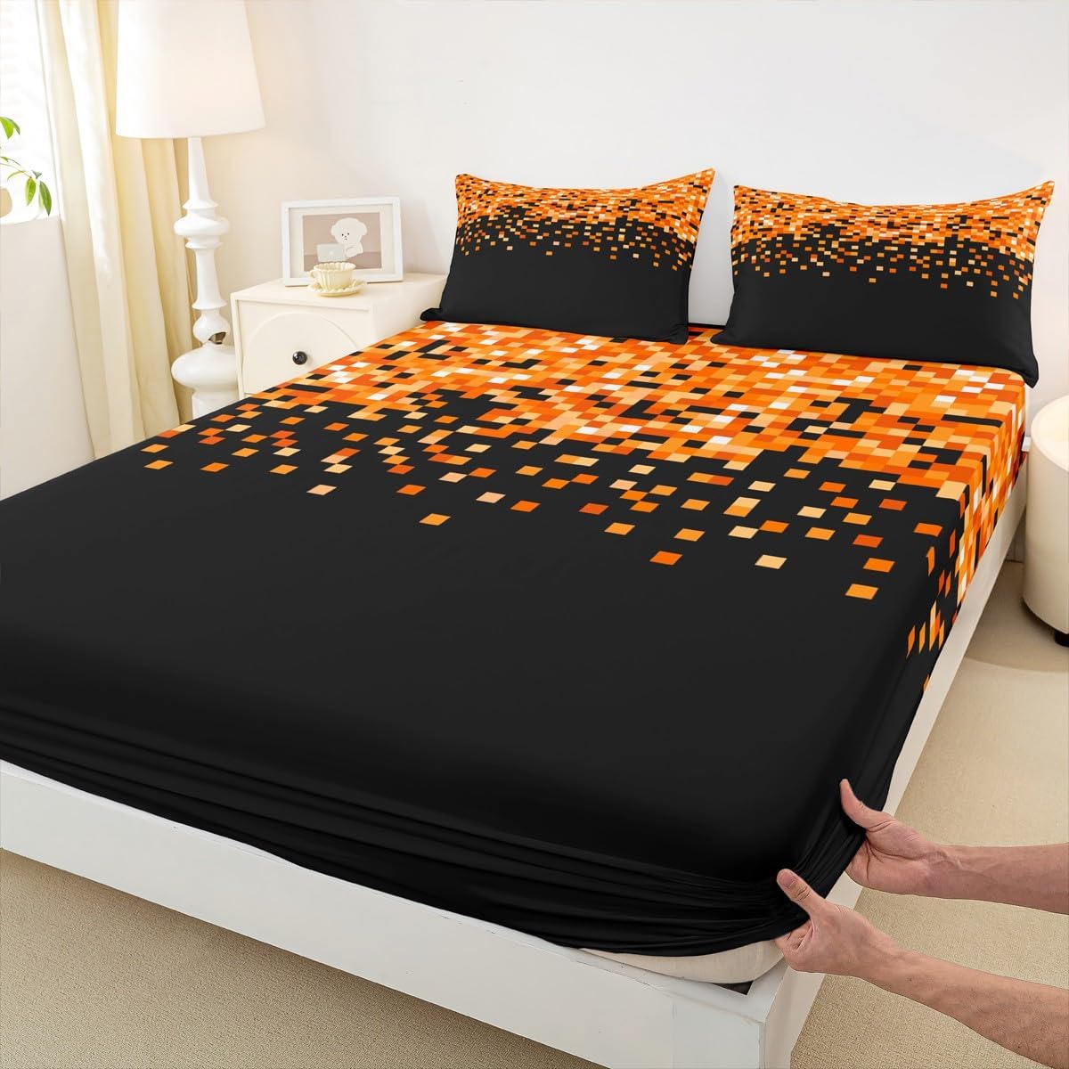 Castle Fairy Video Games Bed Sheet Full Size,Orange Pixel Block Bedding Sets 4Pcs for Kids Girls Boys Teens Room Decor,Miner Themed Gaming Fitted Sheets Modern Black Top Flat Sheet,2 Pillowcases image 4