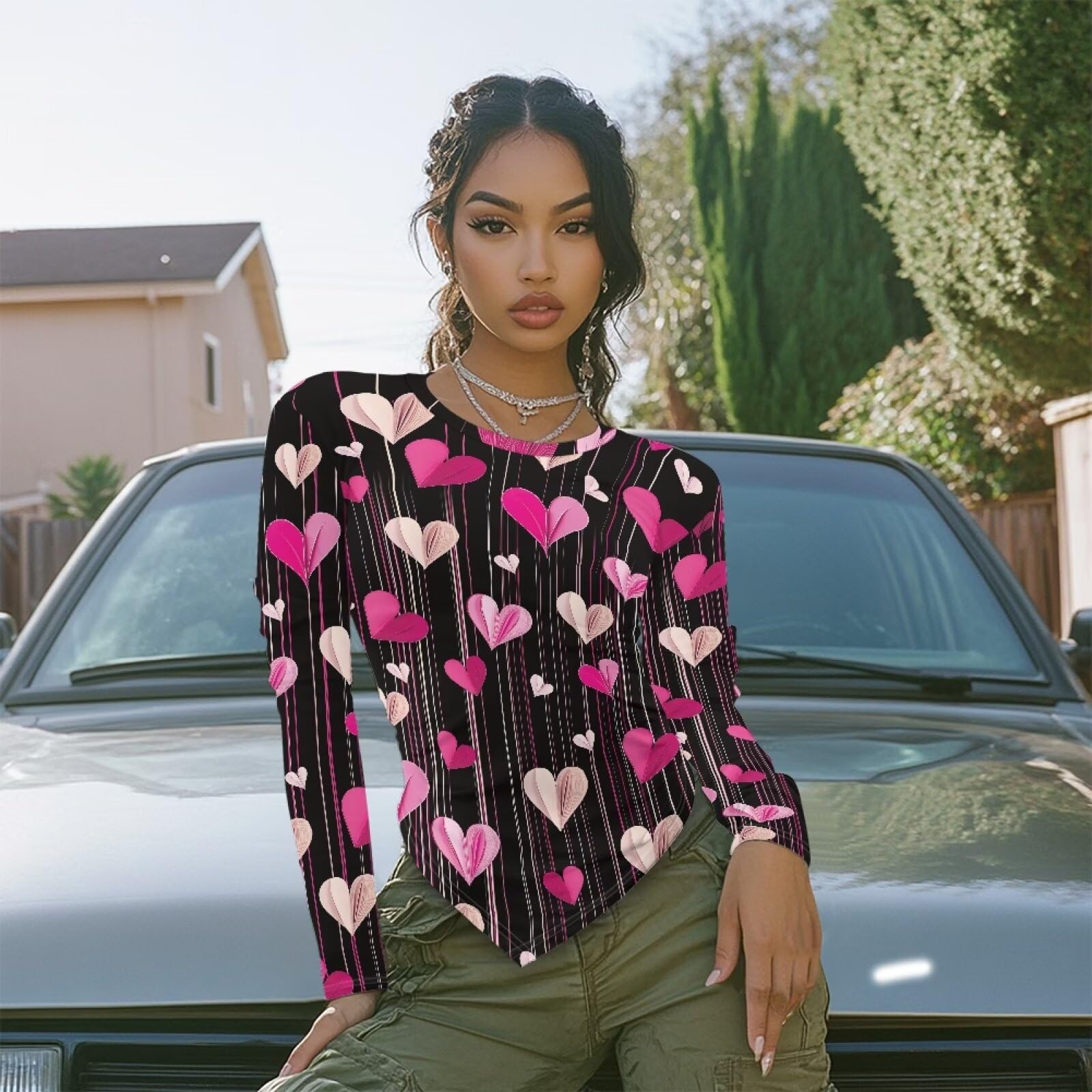 Gzzxiailg Love Heart Womens Fashionable Basic Tees Long Sleeve Bodycon Bottoming Tops Irregular Hem Fall Clothes Slim Fit Thermal Tops Soft Underwear for Valentine's Day Plus Sizes