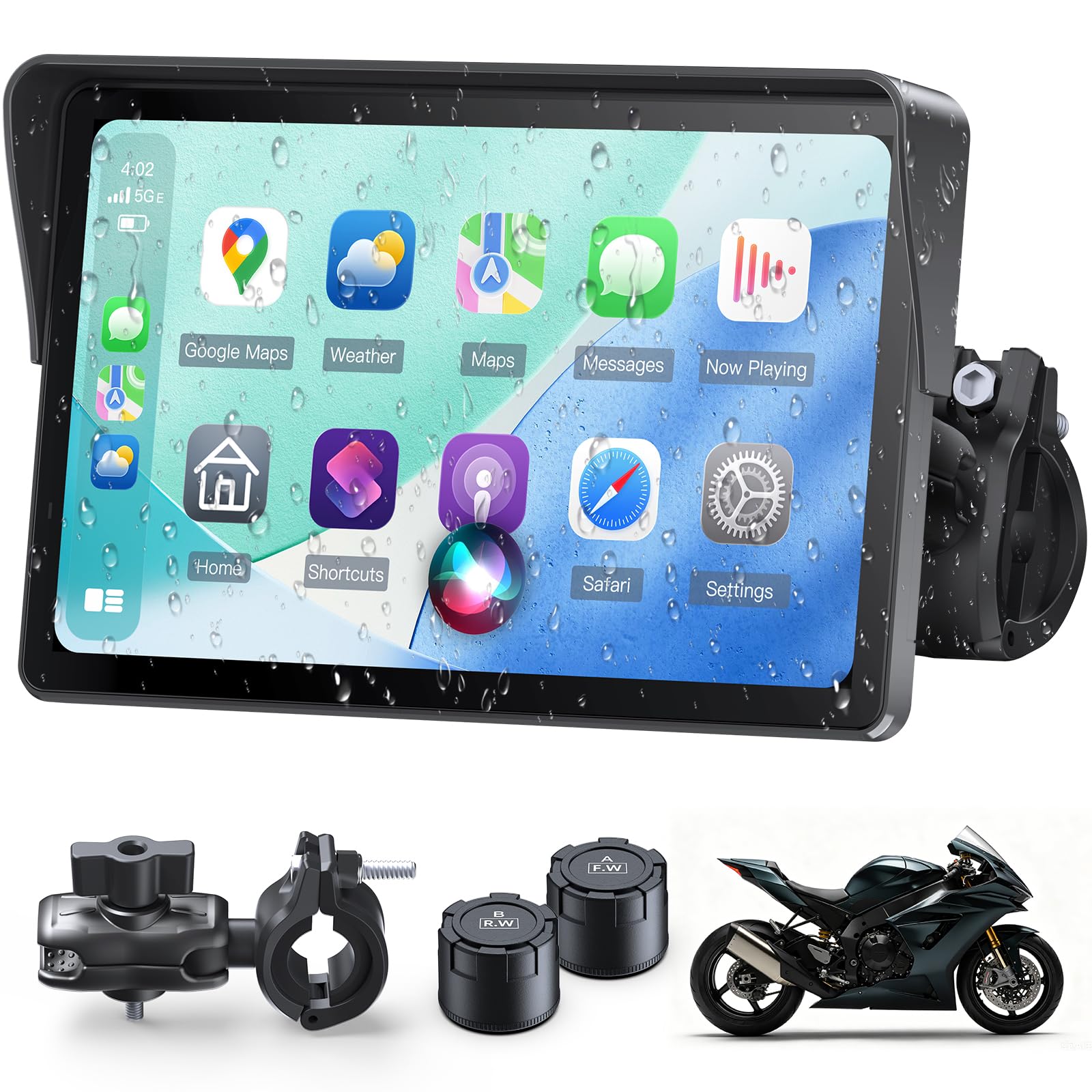 Motorrad Carplay Display 7 Zoll Wasserdichter Touchscreen, Reifendruckkontrollsystem (TPMS), Kabelloses CarPlay und Android Auto für Motorrad, Dual Bluetooth, GPS-Navigation