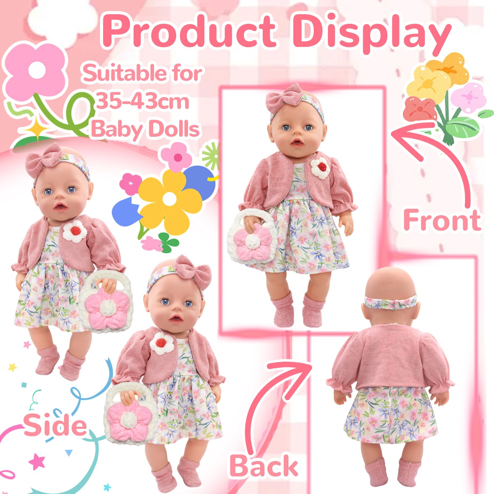 6 sztuk ubranek dla lalek 35-43 cm, słodkie, świeże ubranka dla niemowląt, lalki dla dzieci o długości 35-17 cali, z sukienką, płaszczem, opaską na czoło, torebką, wieszakiem, skarpetkami, ubraniami
