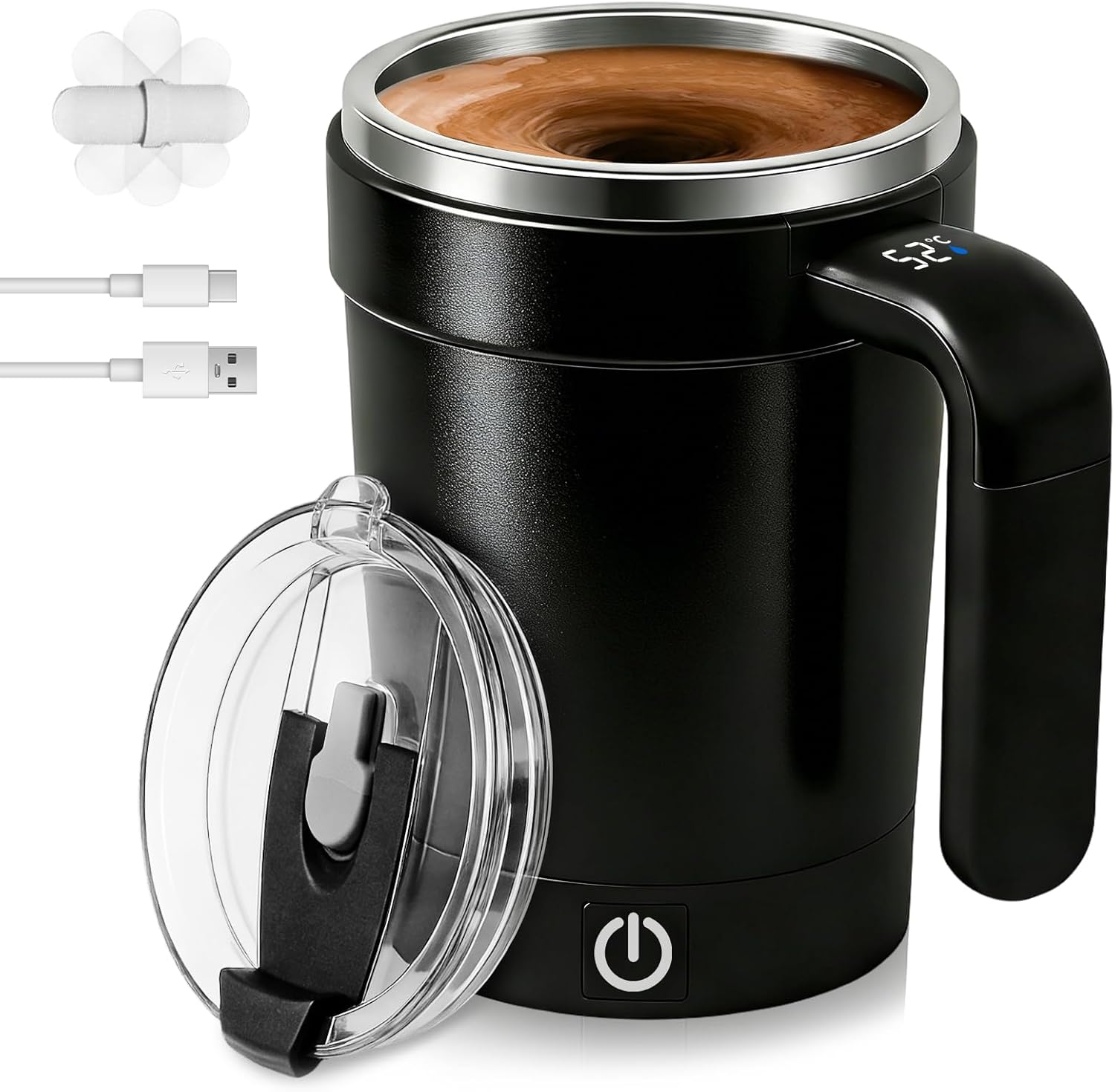 2026 New Automatic Stirring Coffee Mug With Temperature Display, Rechargeable Electric Coffee Mug,Stirring Coffee Mug With Lid,Straw & Handle,Suitable For Coffee, Milk,Cocoa & Other Beverages (Black)