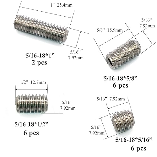 Miniatura 2 de Yoliko Juego de 20 piezas de 516-18 pulgadas, 4 tamaños de rosca, juego de tornillos hexagonales de acero inoxidable 304 con rosca completa,