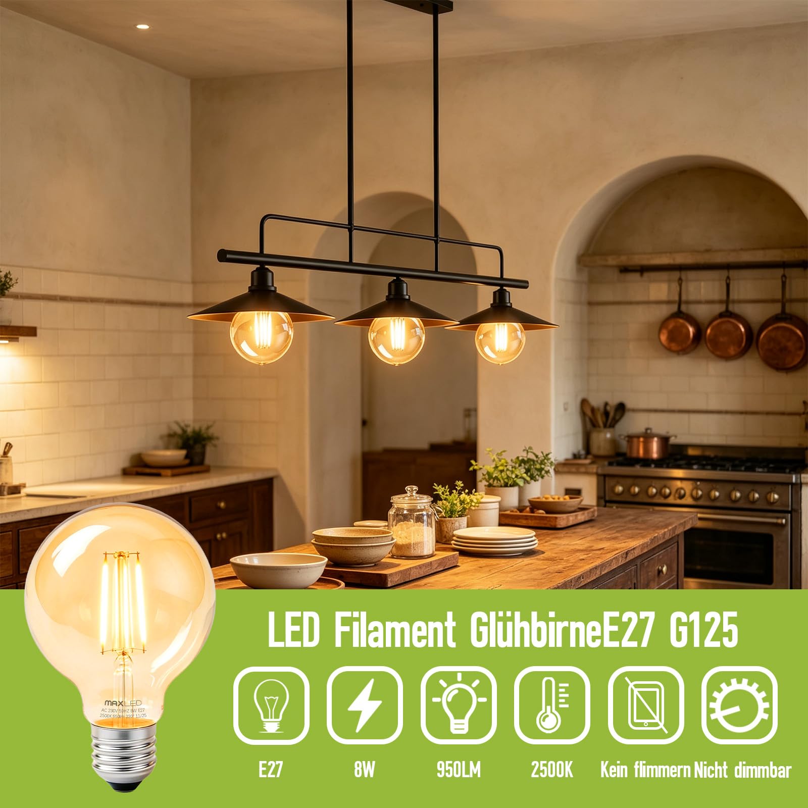 Maxled Light is Led! 2 Stuks Globe E27 G125 Vintage Edison LED Gloeidraad Gloeilamp 8W Vervangt 60W Conventionele Gloeilamp 2500K Warmwit Amber Glas 950lm Stralingshoek 330° 230V Niet Dimbaar