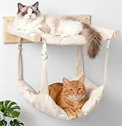JSPYFITS Móveis de madeira para gatos montados na parede, rede de camada dupla, tamanho grande 45 cm, cama multifuncional removível para gatos para dormir/brincar/escalar, poleiro de janela de gatinho