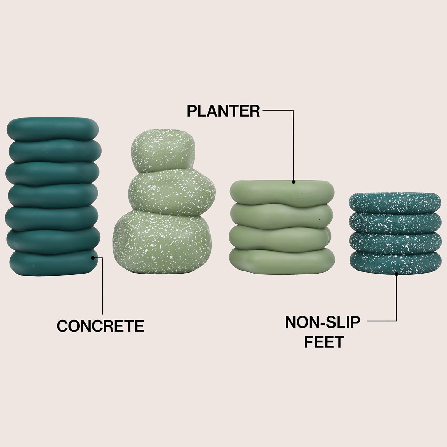 JONATHAN Y Hollis Modern Minimalist Handmade Concrete Stacked Ring Planter Set with Drainage Holes, Matte Earthy Green (Set of 4) (PLN1003A-4SET)