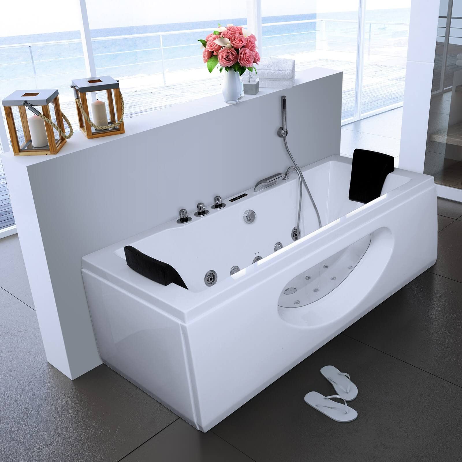 Home Deluxe - Baignoire balnéo - LAGUNA M - Blanc, dimensions : 180 x 90 x 55 cm - avec radio, chauffage et luminothérapie I Baignoire d'angle pour 2 personnes, baignoire balnéo d'intérieur