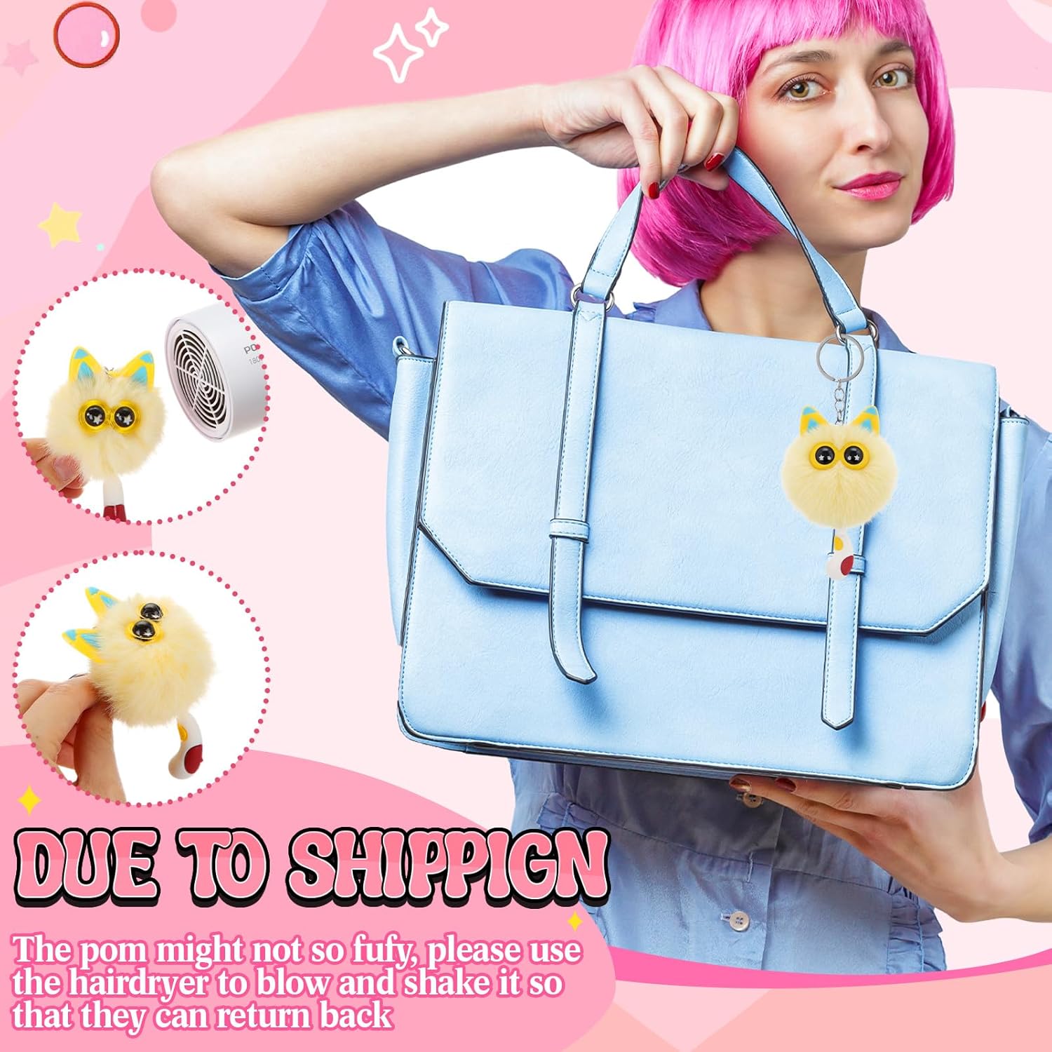 Equsion 48 Pcs Kawaii Keychains Bulk Cute Plush Keychains Fluffy Pompoms Balls with Tassels and Keyrings Key Chain Kawaii Party Favors for Birthday Goodie Bags Piñata Prizes (Cat)