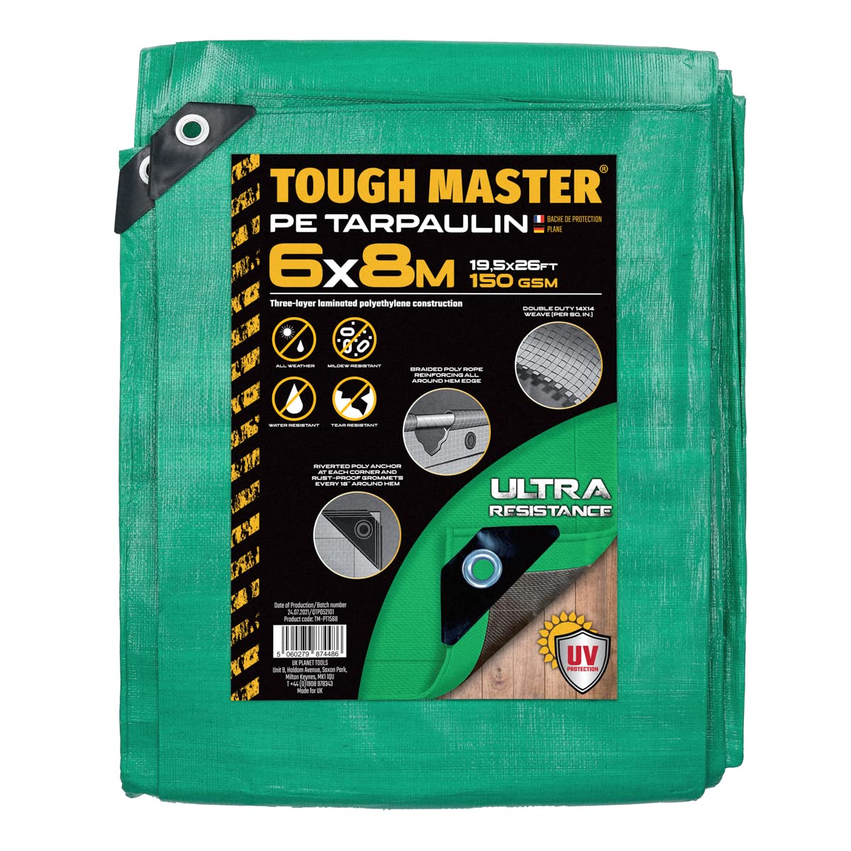 TOUGH MASTER 7 Sizes Heavy Duty Tarpaulin Waterproof Cover Tarp Ground Sheet (Green/Grey, 6 X 8M)