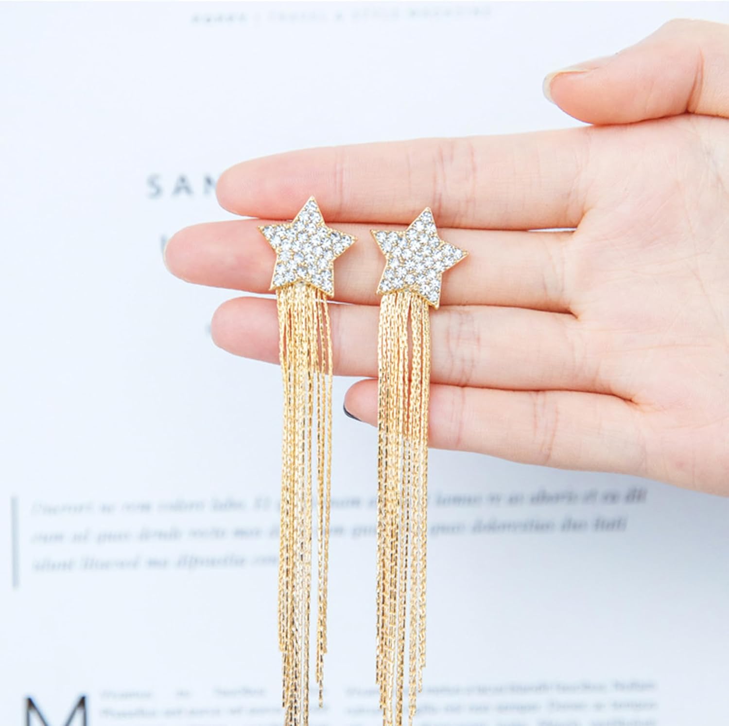 Women Tassel Earrings Star Ear Stud Pave Crystal Dangle Boho Waterfall Beaded Fringe Drop Earring For Women - Image 5