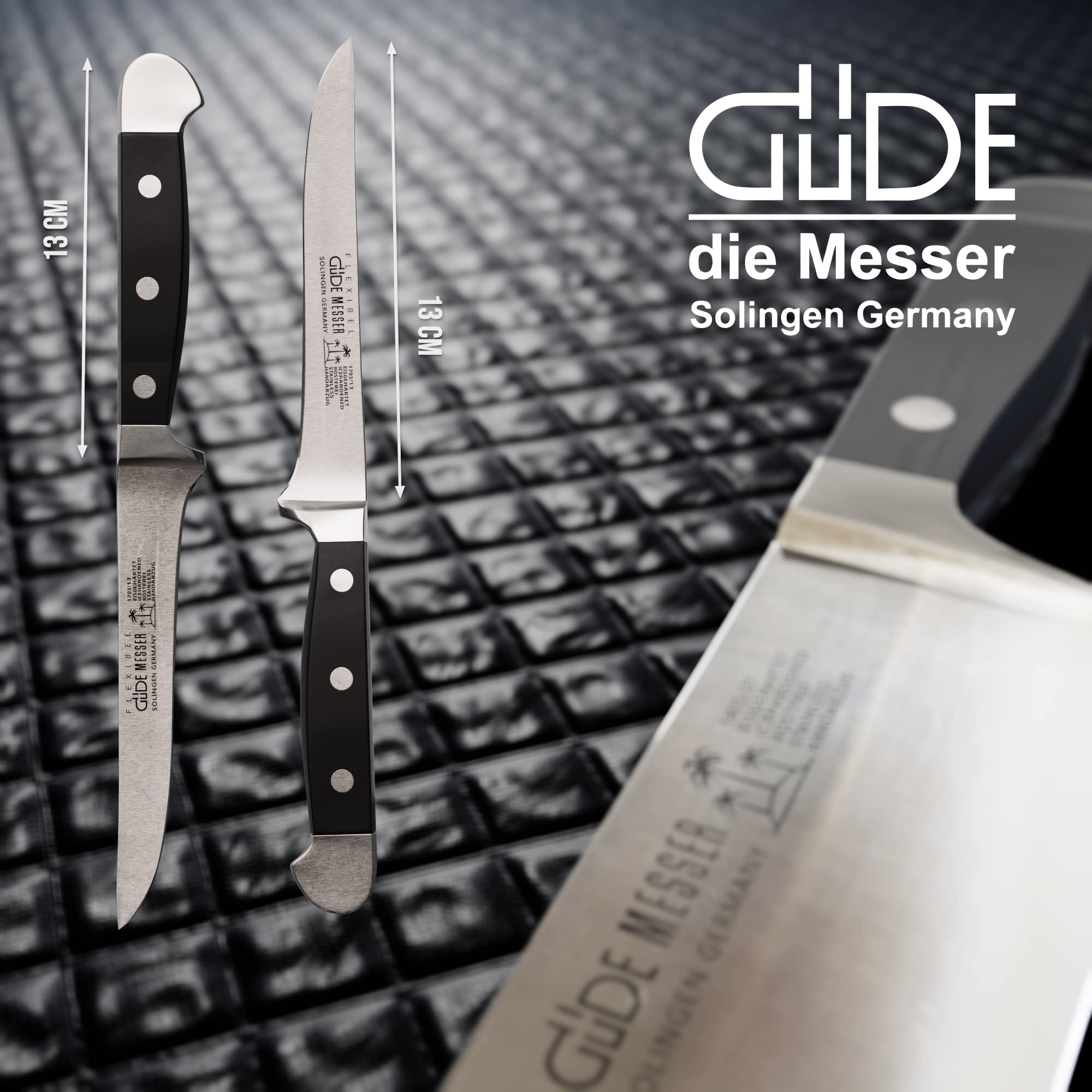 GÜDE Solingen - Ausbeinmesser flexibel geschmiedet, 13 cm, POM schwarz, ALPHA, Doppelkropf, Handmade Germany