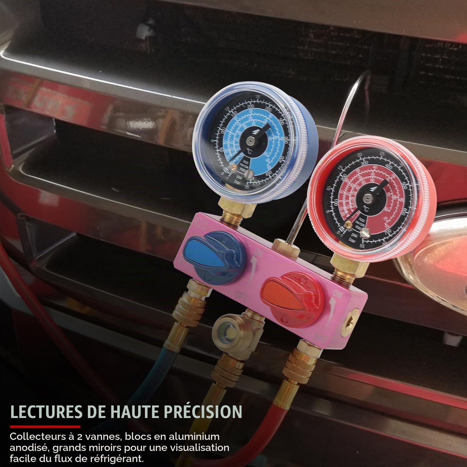 Manifold Diagnostic Climatisation avec Double Manomètre, avec Hublot et Robinets à Billes, pour Réfrigérants R22, R32 et R410a, pour Diagnostic, l'Entretien Système Climatisation Automobile