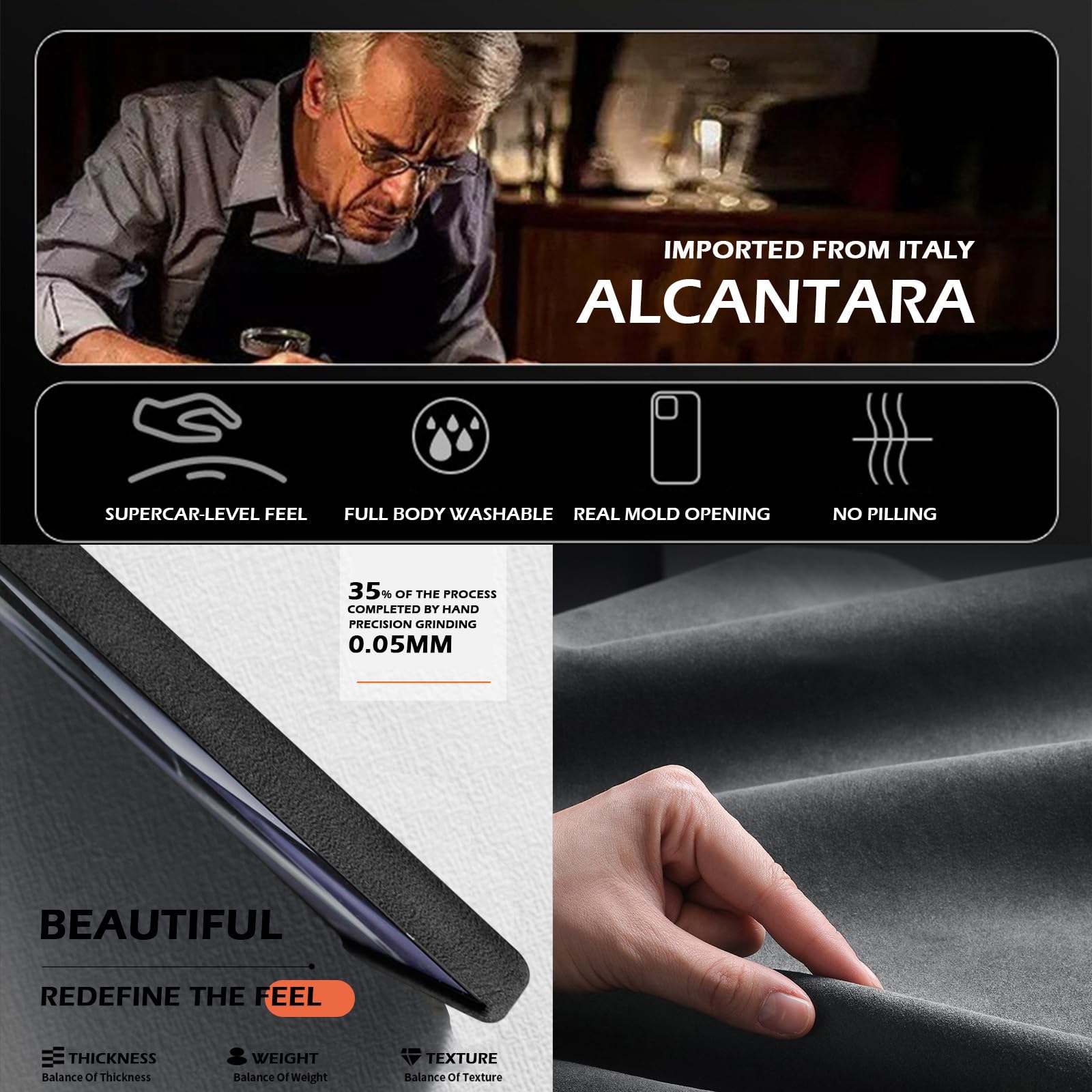 Alcantara Wildleder-Hülle für Samsung Galaxy S25 Ultra/S25 Plus/S25, kompatibel mit MagSafe Echtes italienisches Wildleder, handgefertigt, ultradünn, rutschfest, kratzfest, Dunkelgrau, S25 Ultra