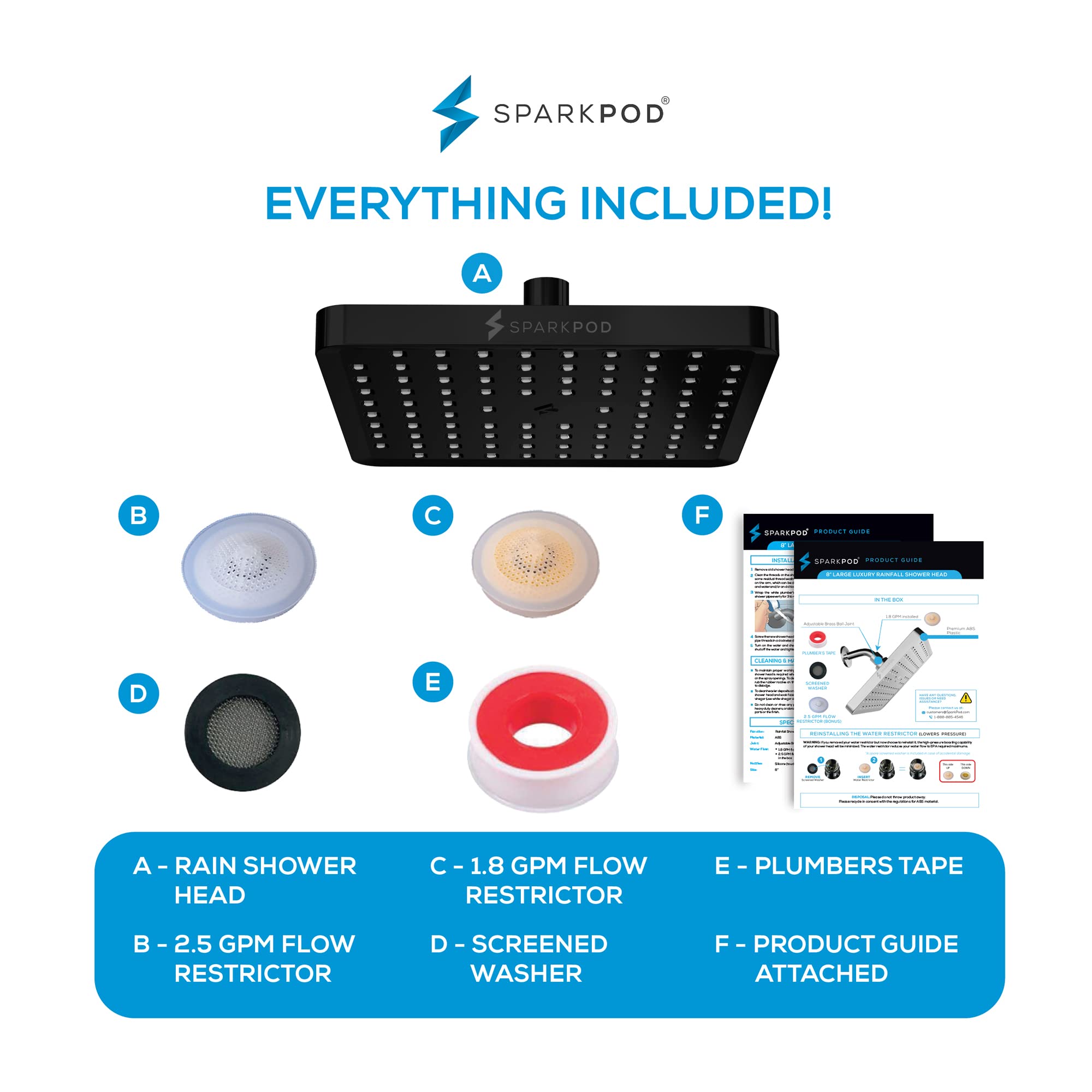 SparkPod Soffione doccia fisso, pioggia ad alta pressione, look moderno di lusso, facile installazione senza attrezzi, ricambio perfetto per il soffione doccia del bagno (quadrato 20 cm, nero