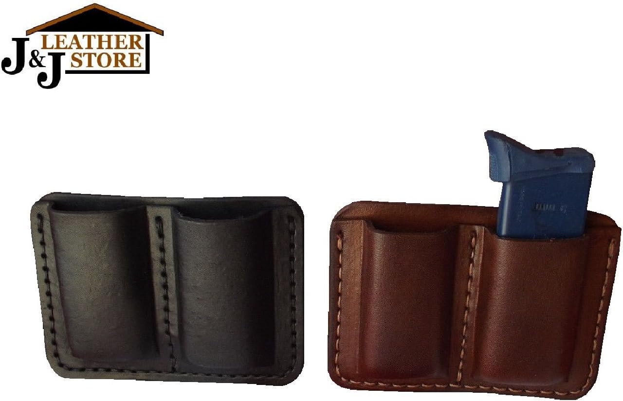 J&J Custom Premium Leather 380 380 Cal Single Stack Double Magazine Carrier Holder Holster W/Belt Clip