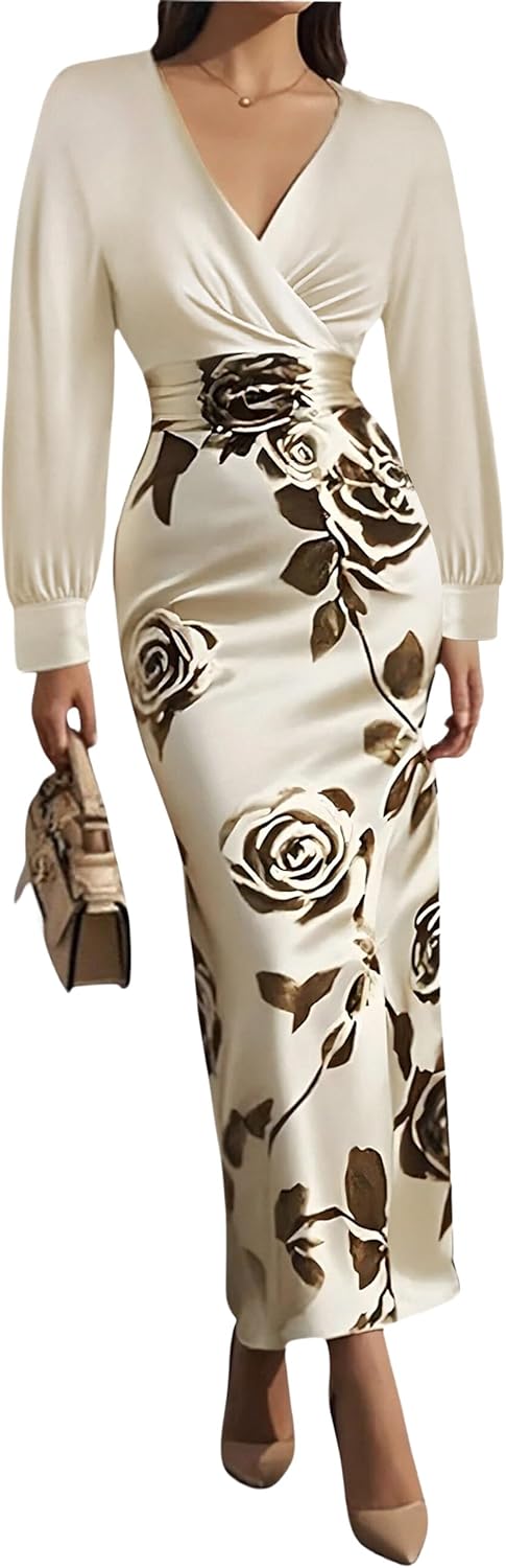 Women's Long Sleeve Satin Floral Bodycon Maxi Dress V Neck Elegant Party Wedding Guest Long Dresses
