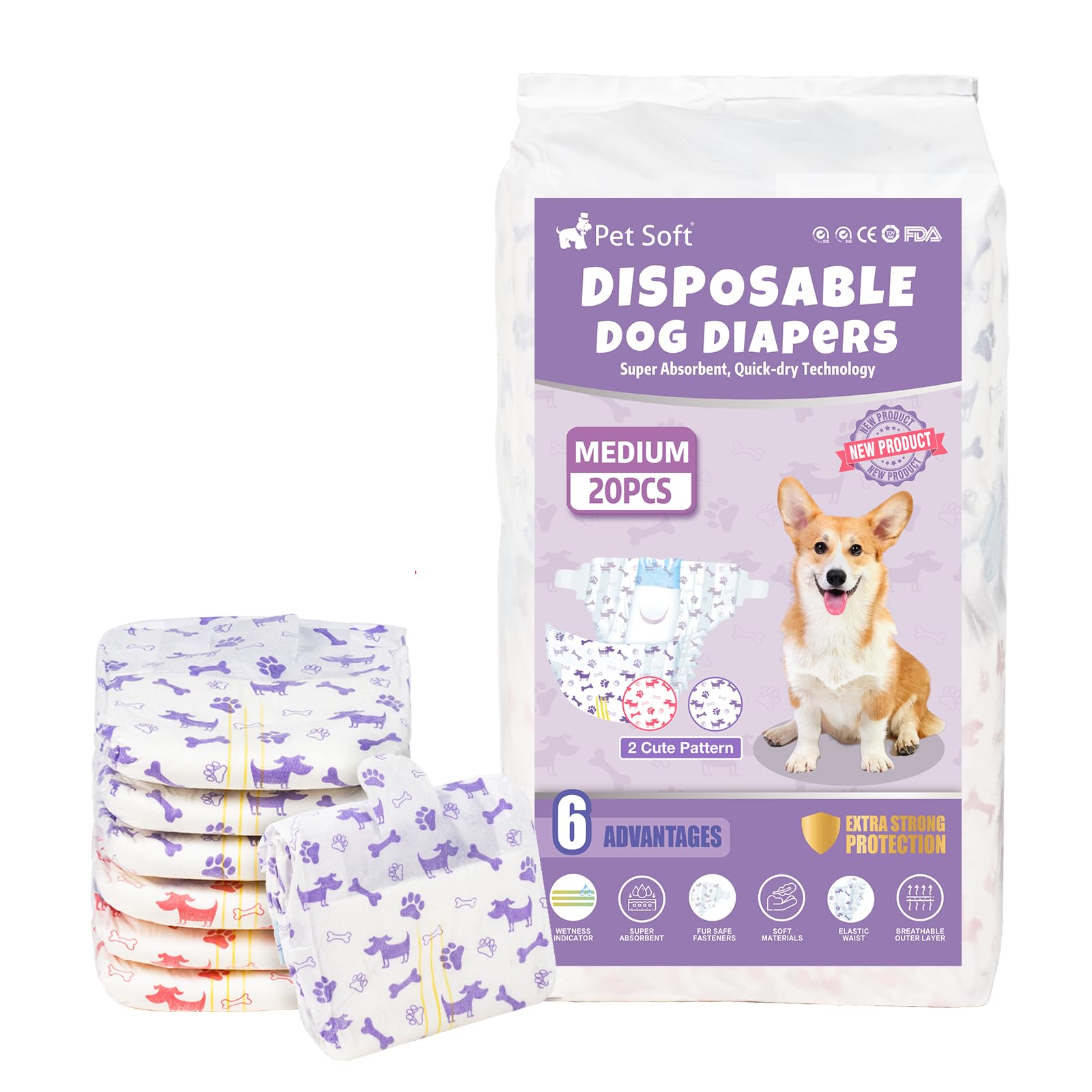 Pet Soft Dog Nappies Female, 20 Count Disposable Dog Period Season Pants, Super Absorbent Disposable Dog Diapers for Female Dogs with Wetness Indicator