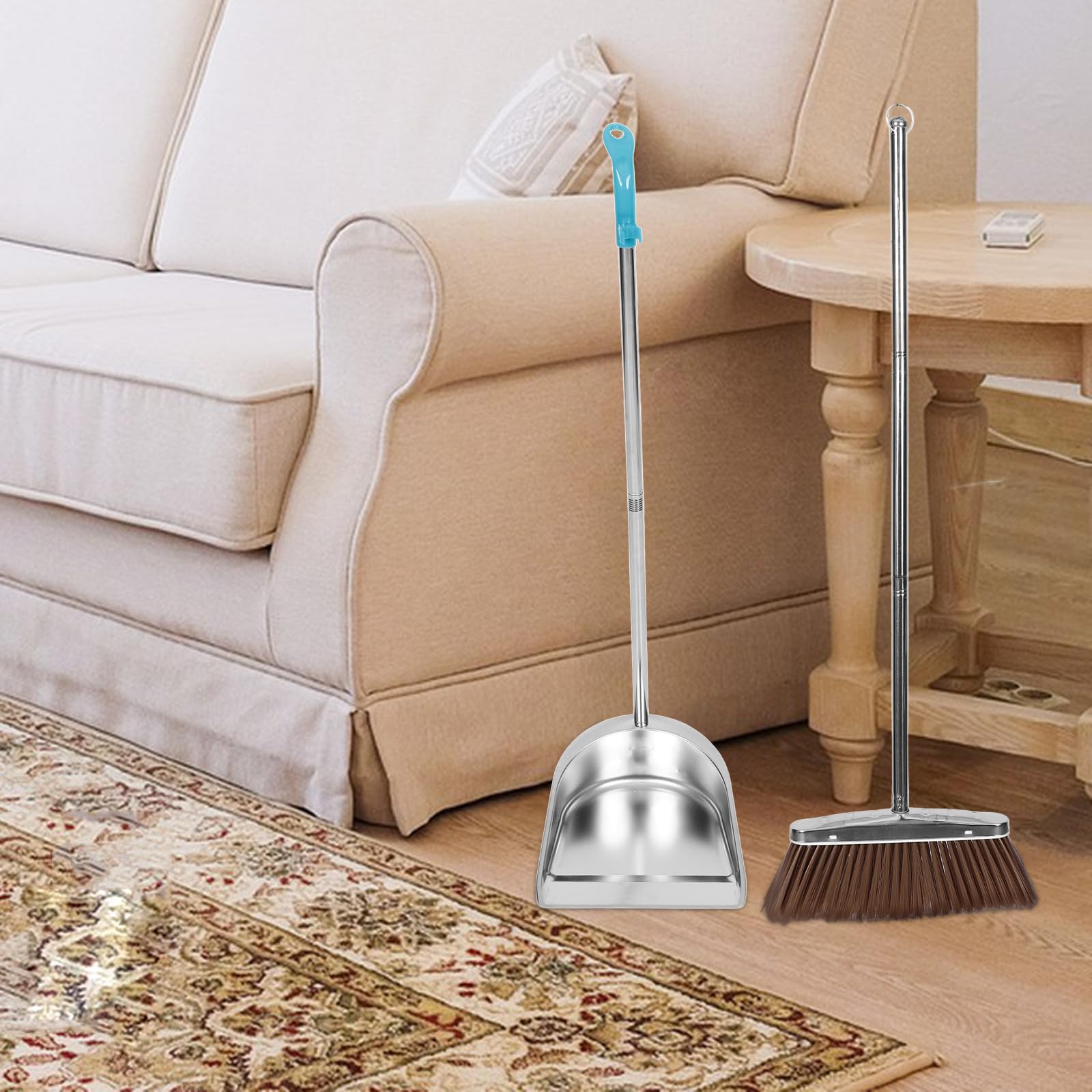 Abaodam Escoba y Recogedor de Acero Inoxidable Mango Ergonómico Antideslizante para Limpieza Doméstica Suelos de Azulejo y Kit de Utensilios para Hogar y Dormitorio
