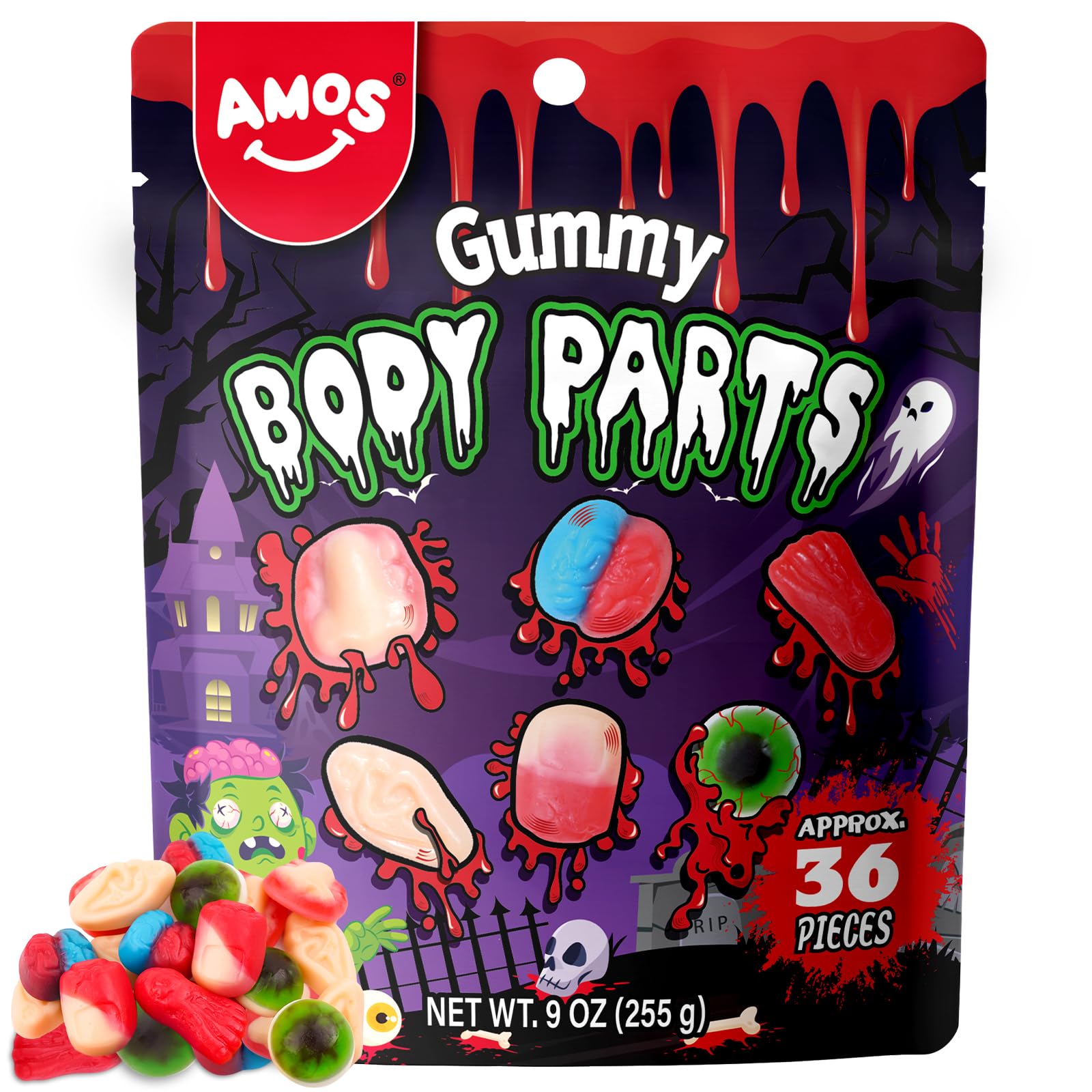 AmosHalloween Gummy Body Parts, Spooky Candy for Trick-or-Treat, Halloween Snacks, and Edible Decorations – Approx. 36 Individually Wrapped Pieces, 9oz Bag