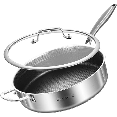 DELARLO Frying Pan,12 inch Tri-Ply Stainless Steel Skillet,6 Quart Saute Pan with lid, Compatible with All Cooktops,Oven Up to 660℉,Chicken Fryer,Dishwasher-Friendly
