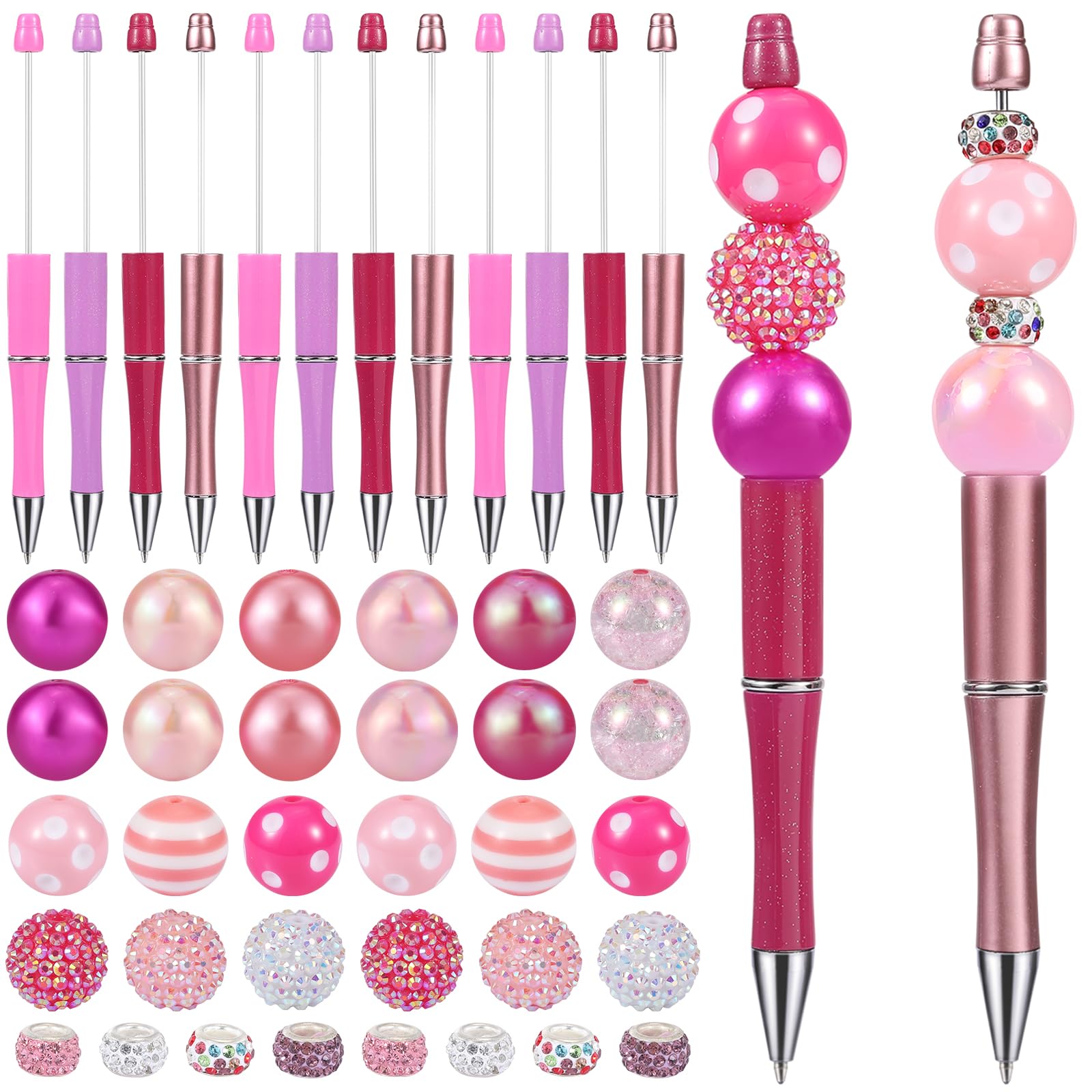 WEWAYSMILE 12 Set Beaded Pens Kits Silicone Beads For Pens DIY Cartoon Bead Pen Various Silicone Beads Spacer Beads Suitable For Office School Gift Handicraft Office Supplies(Pink Series)