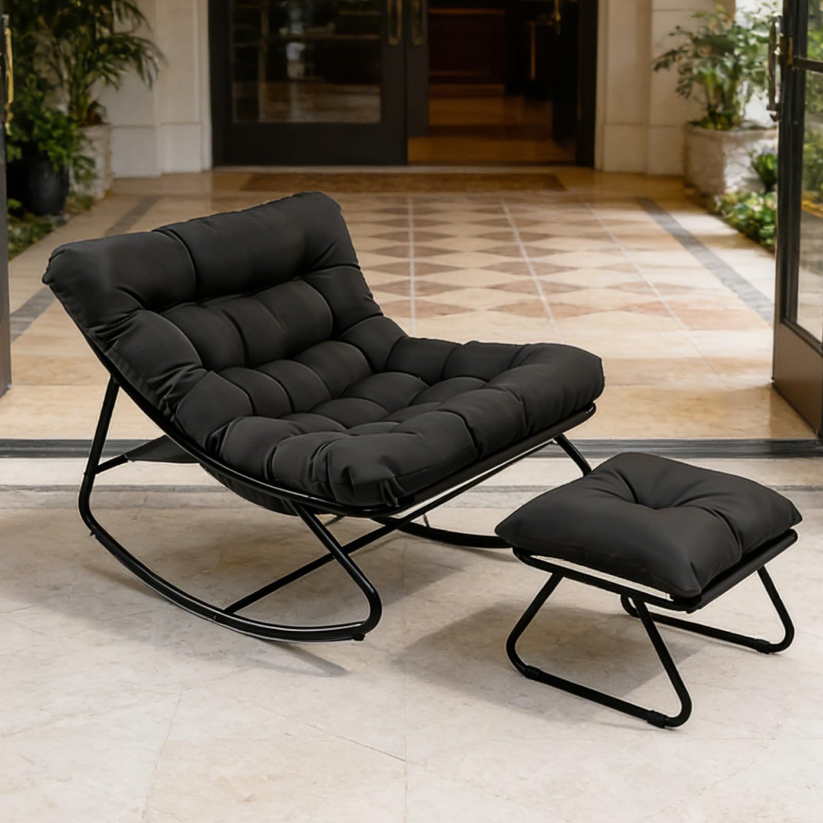 Fauteuil à Bascule Œuf avec Repose-Pieds - Charge 150kg Chaise a Bascule Surdimensionnée, Rocking Chair Coussin Confortable Utilisation Intérieur/Extérieur pour Salon, Jardin, Balcon (Noir)
