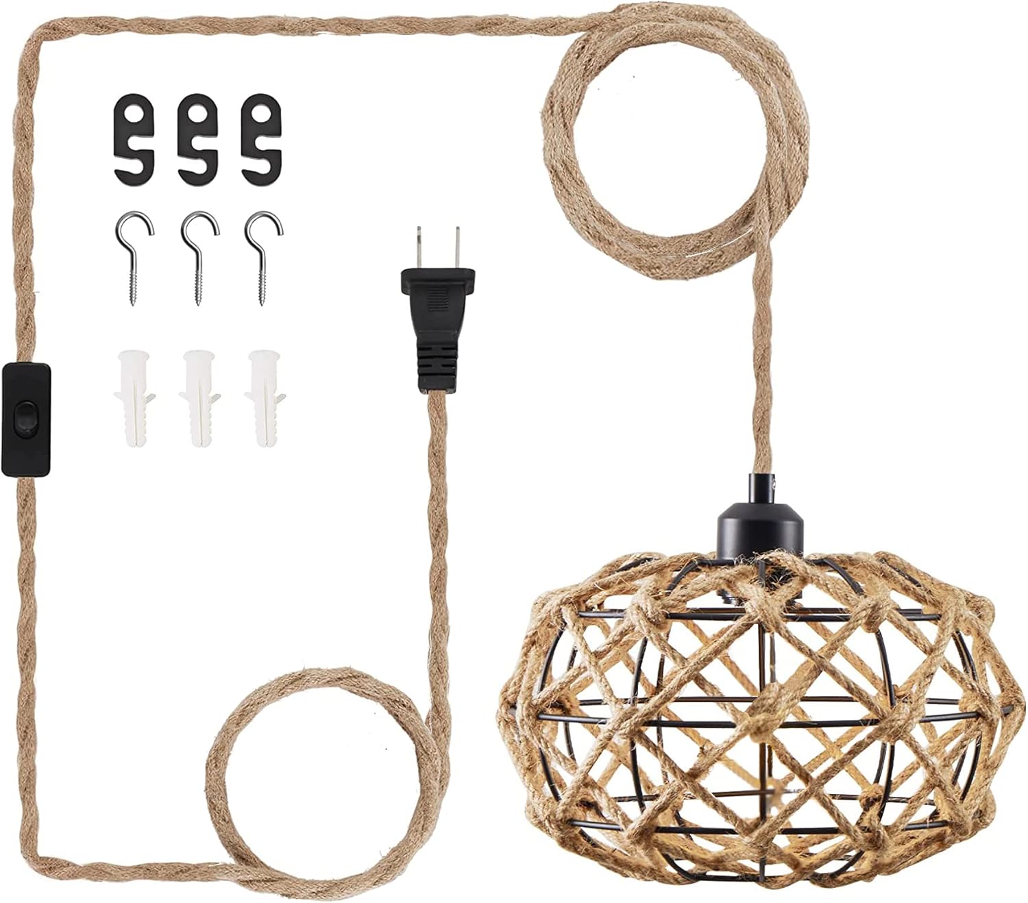 BetterJonny Plug in Pendant Light, 11" Rattan Hanging Lamp with Plug in