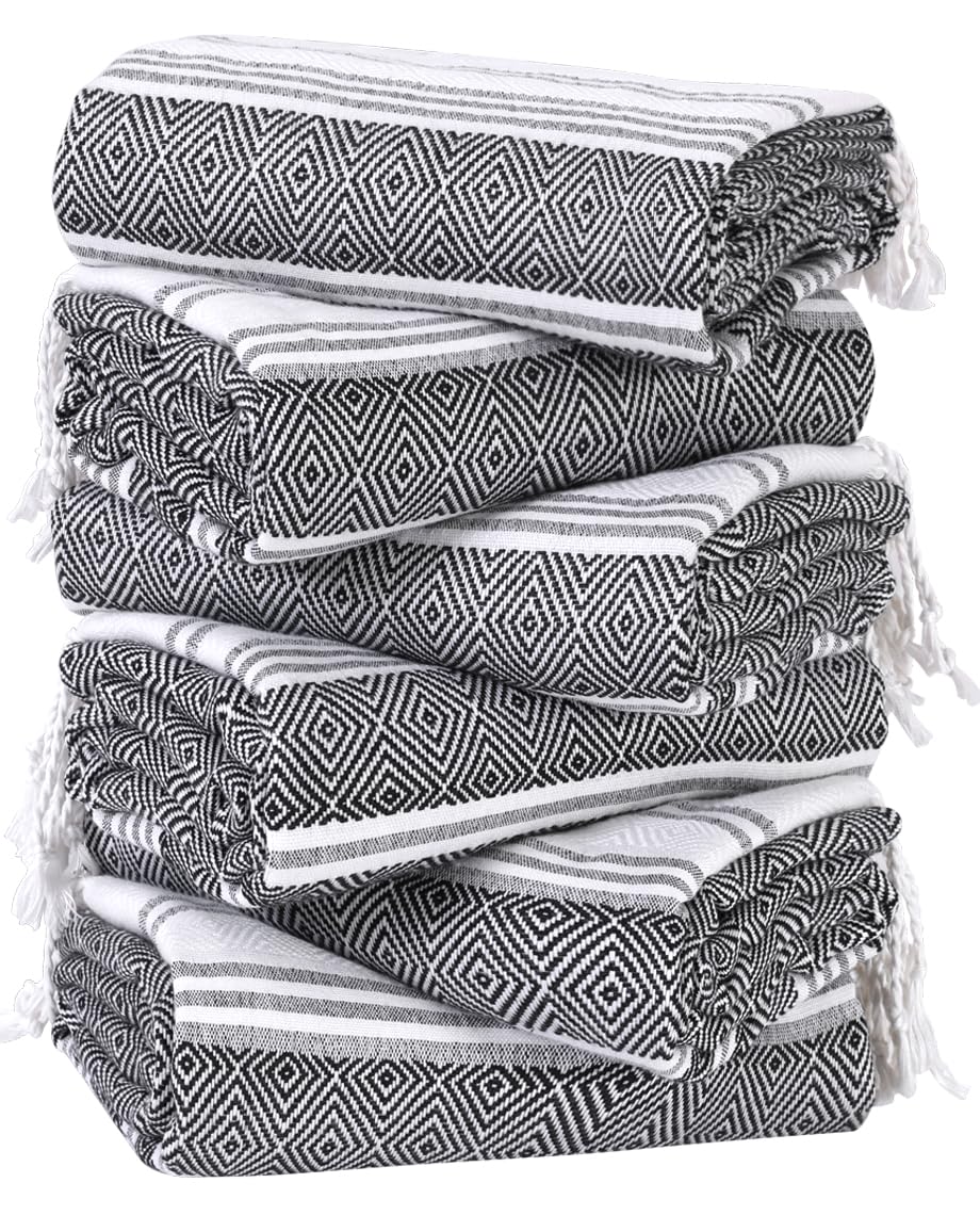 6 Packs Oversized Cotton Turkish Beach Towels Set Bulk 74"x38" Extra Large Sand Free Quick Dry Absorbent Swim Bath Pool Towel Travel Blanket Adult Essentials Cruise Accessories Vacation Black Stuff