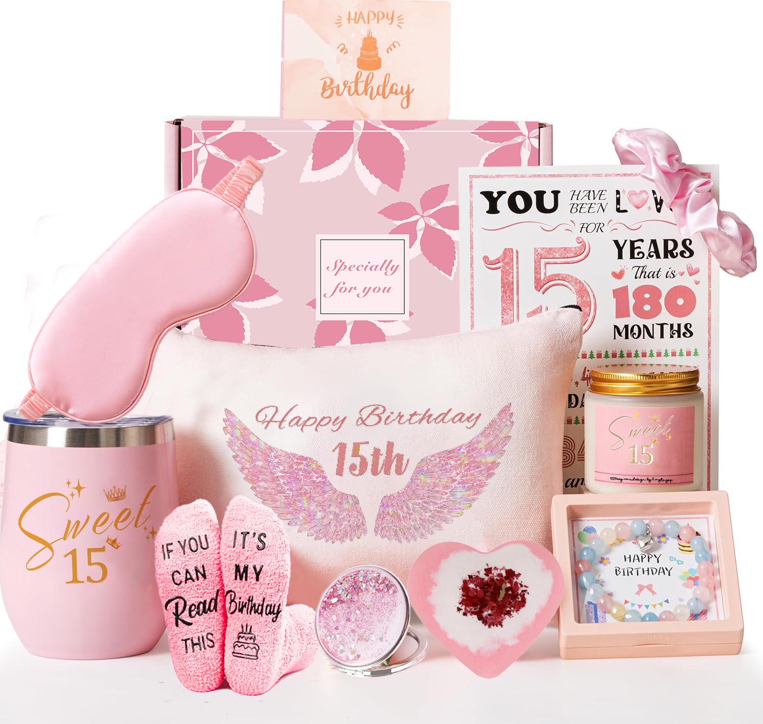 10 -pcck 15th Birthday Gift Basket for Girls – Happy 15th Pamper Gift Set for Daughter, Niece, Granddaughter, Sister, Best Friend, Teens – Unique and Cute Birthday Hampers for Her (10th-16th) (15th)