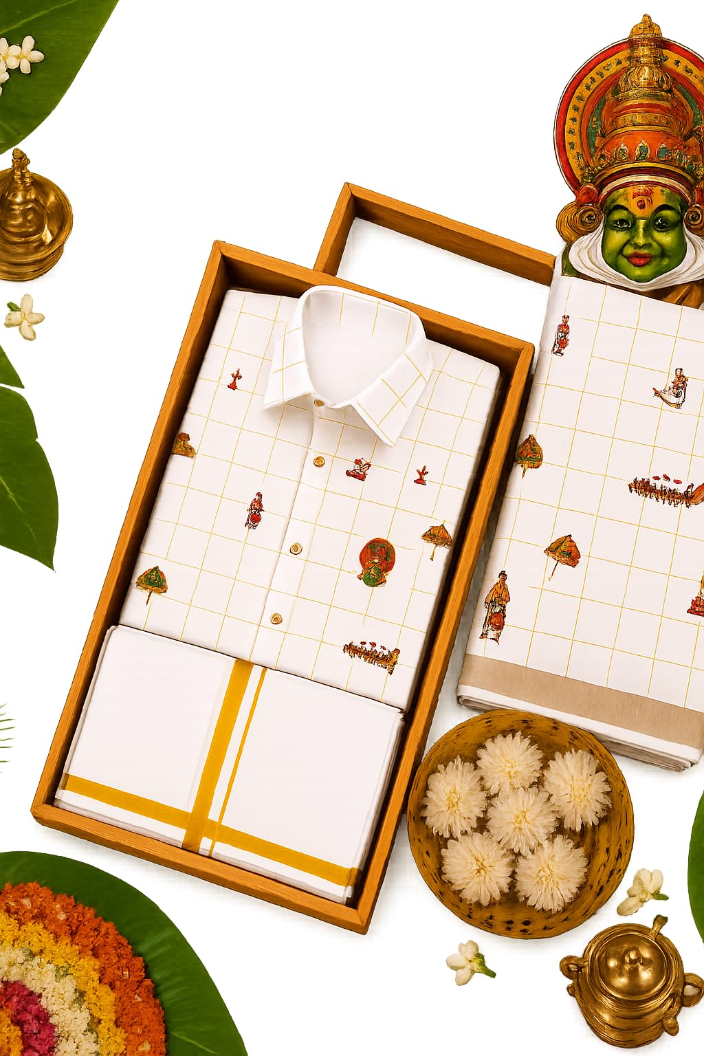 Kerala Traditional Shirt and Mundu Set with Kathakali Print saree-image-9