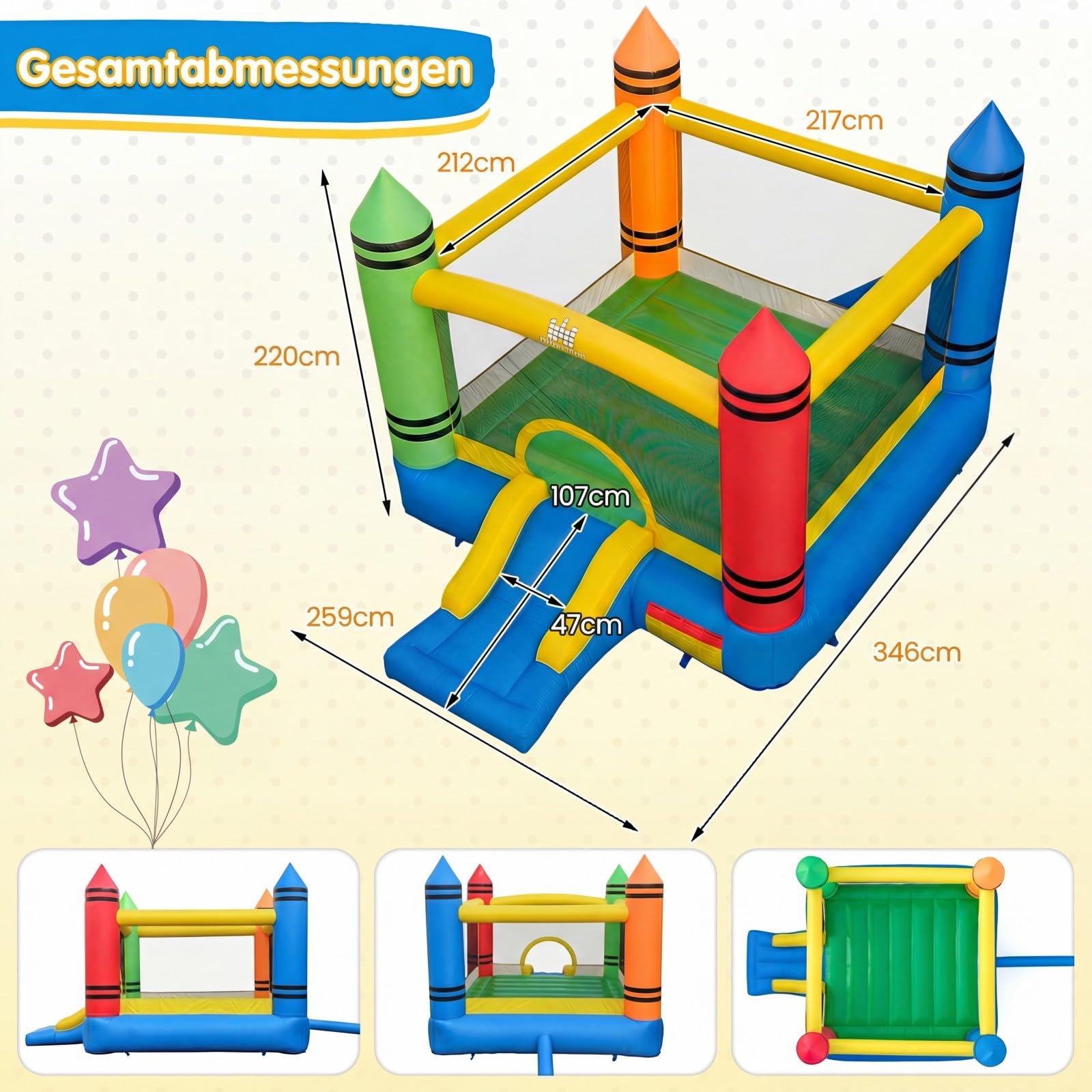 COSTWAY Hüpfburg mit Rutsche, großer Sprungbereich, Bouncy Castle für Kinder, Innen- und Außenbereich, 346 x 259 x 220 cm