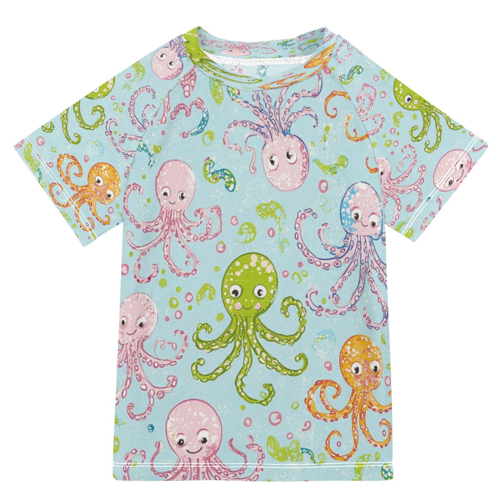 Boys Sun Shirts UV Protection Short Sleeve Rash Guard Swim Shirt Cartoon Octopus Water Shirt Rashguard 4T,8