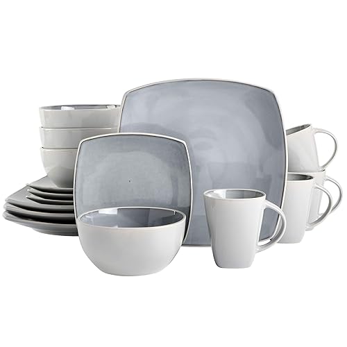 Gibson Elite Soho Lounge Square Reactive Glaze Stoneware Dinnerware Set, Service for 4 (16pc), Light Gray