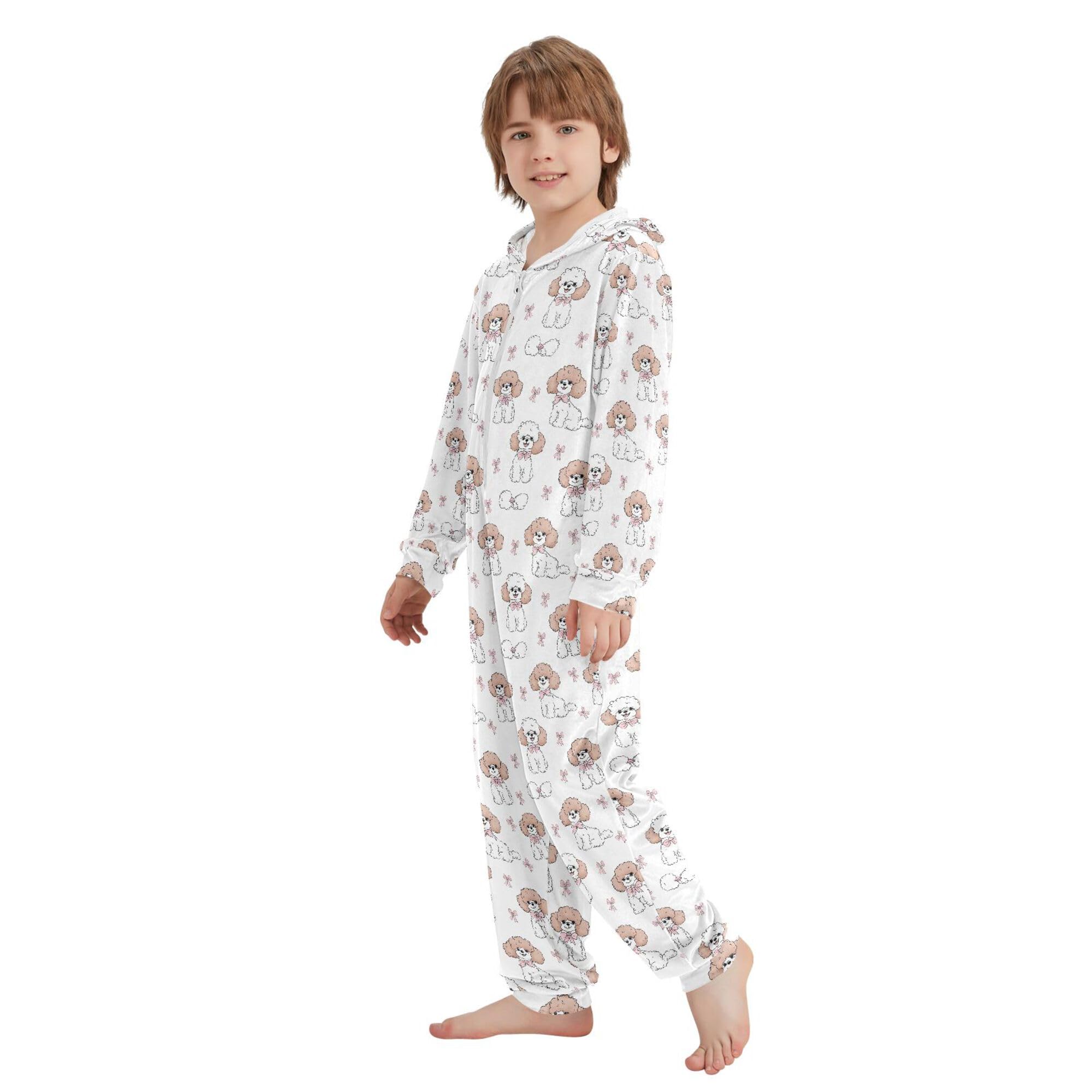 ALAZA Pigiama intero in flanella con cappuccio e cerniera, tuta coordinata per bambini, morbida e calda, abbigliamento sportivo per la casa, 5-6T