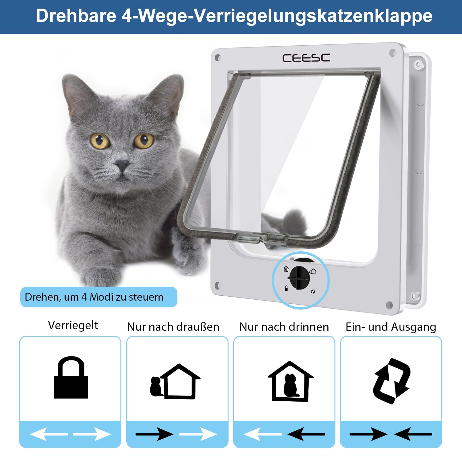 CEESC Große Katzenklappe für Innen-/Außentüren, Wetterfest, Drehbare 4-Wege-Verriegelung Haustiertür für Katzen & Hunde mit einem Umfang von bis zu 60 cm, Verbesserte Version(L,weiß)