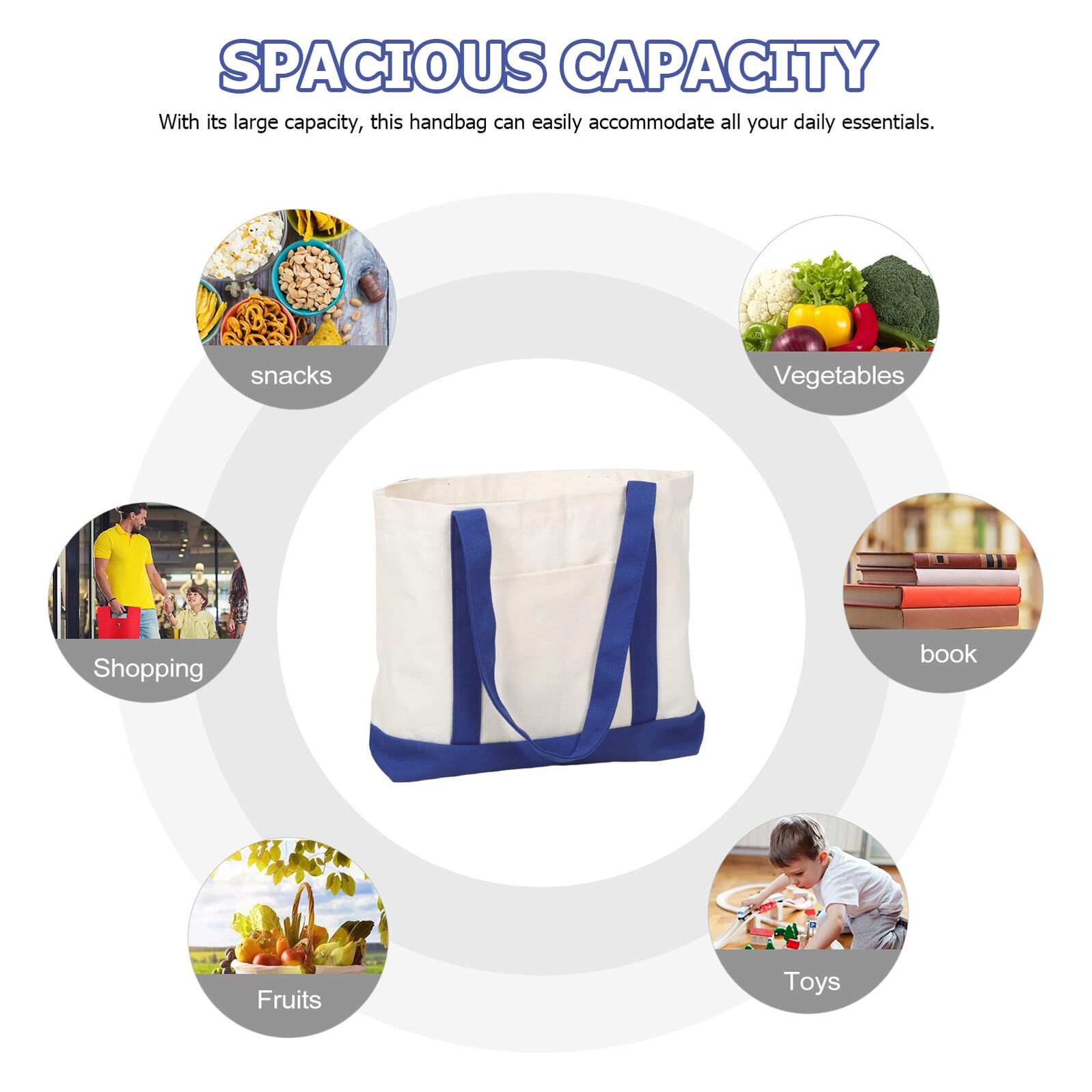 Toyvian Bolsa de Mano de Lona 2 Piezas 43x33x10 Cm Azul Marino y Negro con Bolsillo, Bolsa de Trabajo Multiusos Grande para Supermercado, Compras y Viaje Diaria