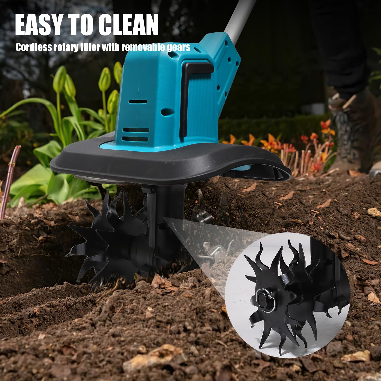 Motobineuse Electrique sans Fil pour Batterie Makita 18V, Largeur de Travail 20 cm, Profondeur de Travail 15 cm, 4 Fraises, Poignée Rabattable, Motoculteur pour Retourner la Terre, Désherber