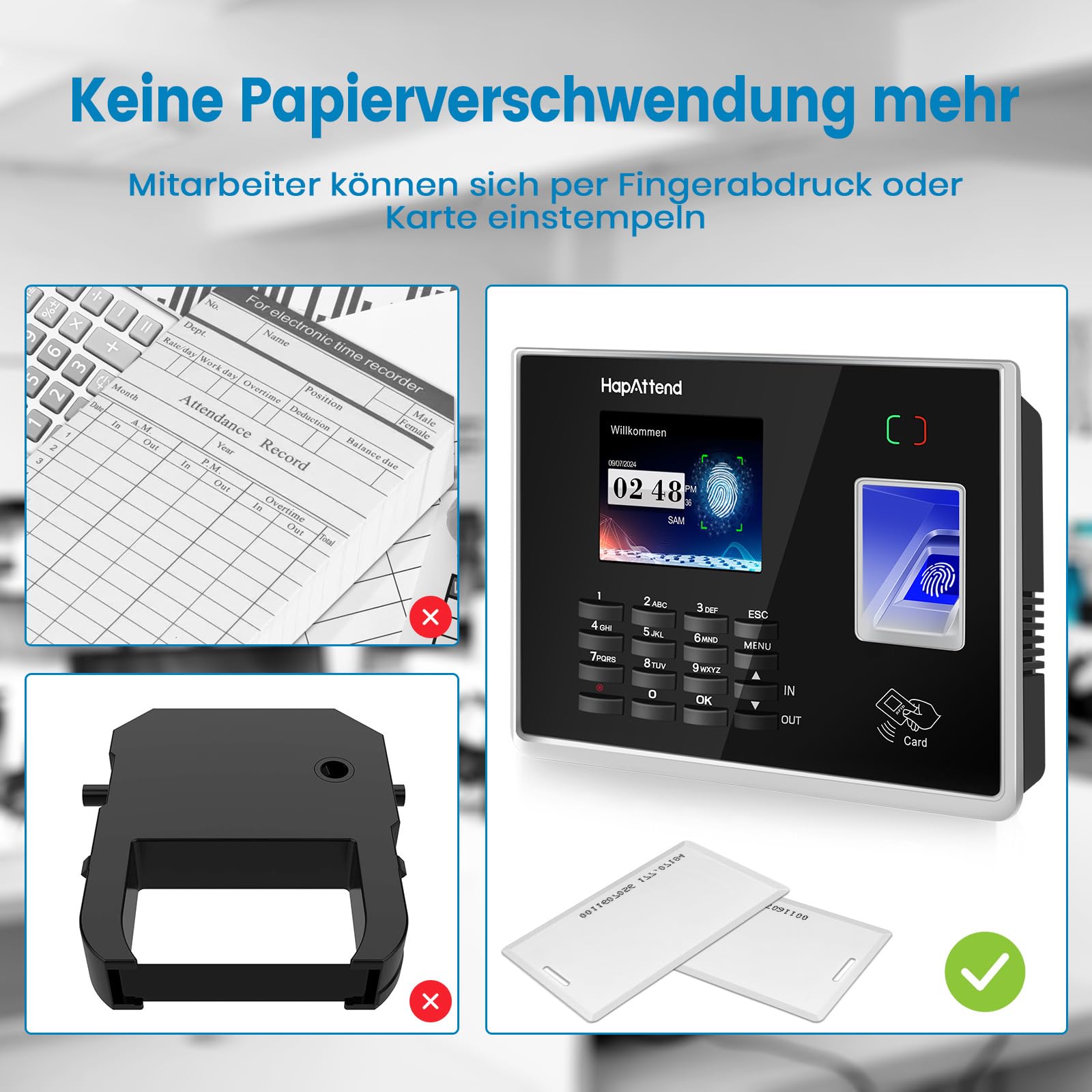 Zeiterfassung für Kleinbetriebe, Deutsche Ausgabe Stempeluhr Zeiterfassung mit Chip, arbeitszeiterfassung für Kleinbetriebe Mitarbeiter mit Fingerabdruck, RFID und PIN, 0 monatliche Gebühren