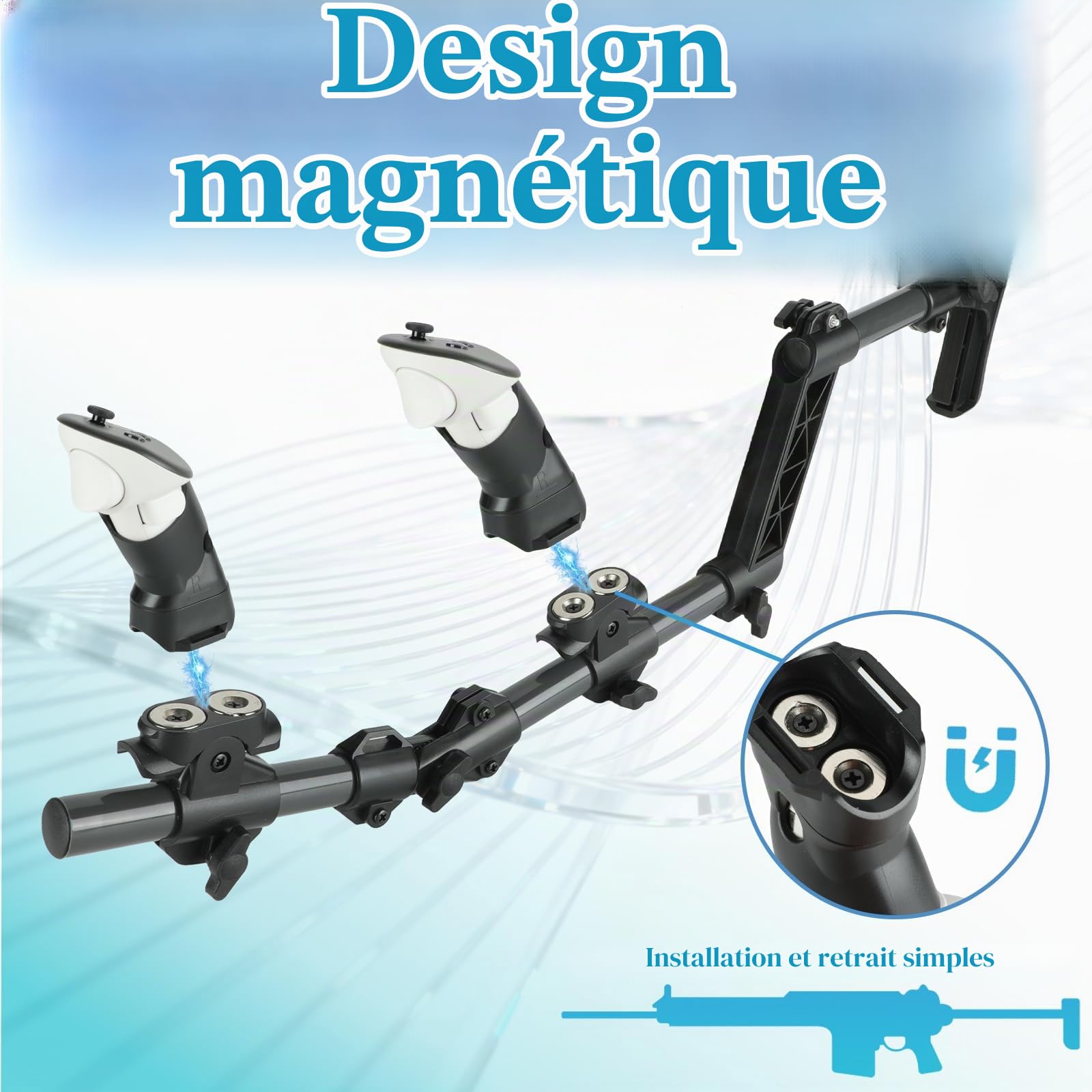 Crosse de Fusil pour MetaQuest 3,Crosse VR Compatible avec Les poignées de contrôleur VR Meta Quest3 pour améliorer la stabilité et Le contrôle Adaptateur de Crosse magnétique pour Fusil